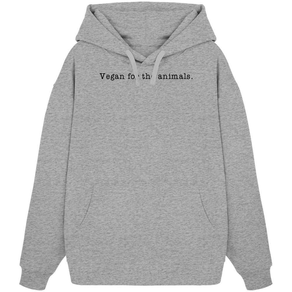 Heather-grauer Unisex Oversized Hoodie mit Kapuze, Kängurutasche und schwarzem Text Vegan for the animals. aus 100% Bio-Baumwolle, von RUDE REBEL.