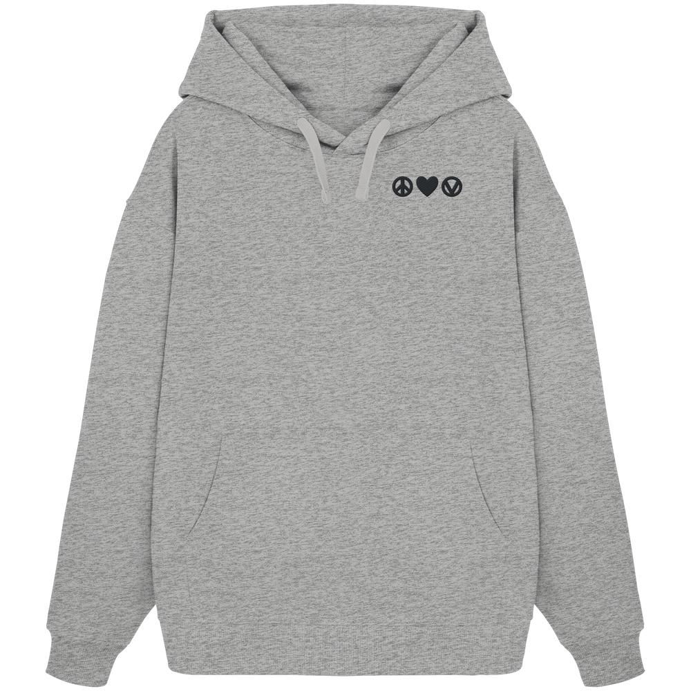 Vegan und Bio Oversized Hoodie bestickt: Peace - Love - Veganism mit Kängurutasche und Kapuze, zeigt drei Symbole: Frieden, Liebe, Veganismus, aus 100% Bio-Baumwolle.