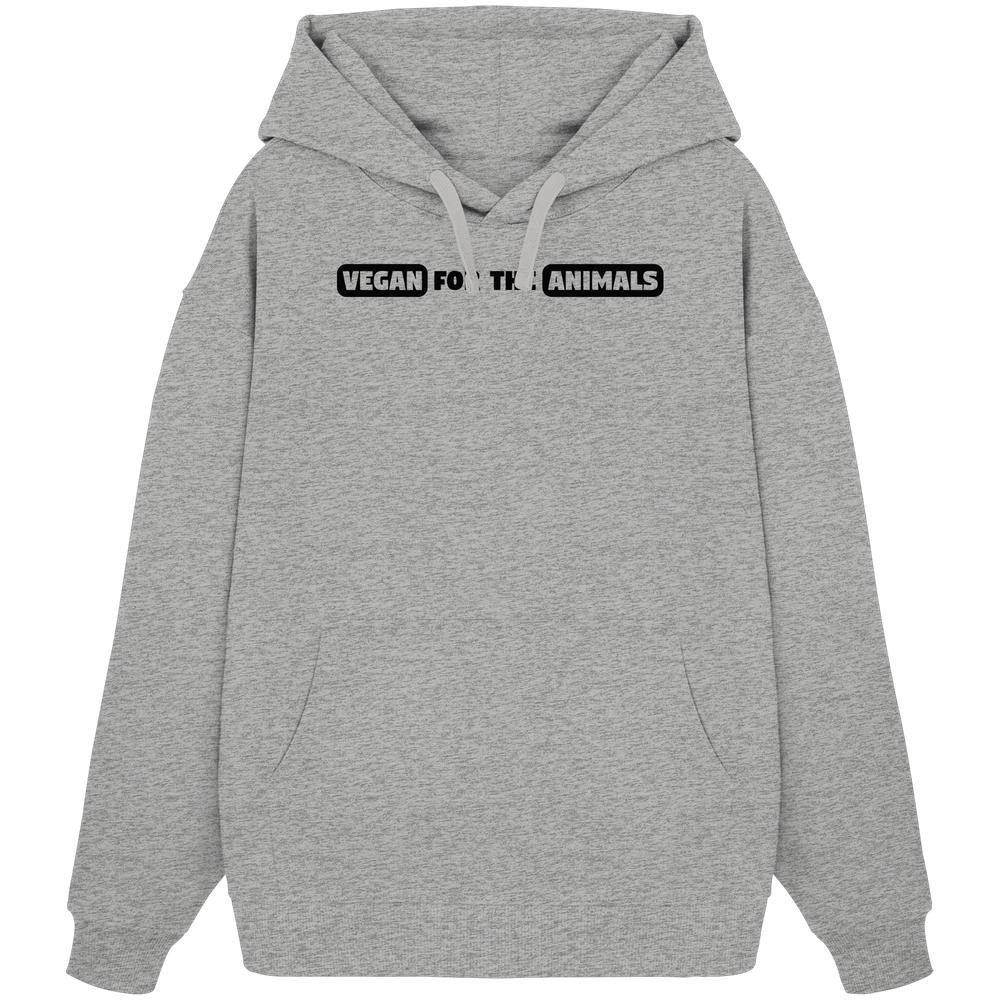 Vegan und Bio Oversized Hoodie: VEGAN FOR THE ANIMALS Edition 2, in hellgrau mit Kängurutasche und veganem Slogan auf der Brust, aus 100% Bio-Baumwolle.