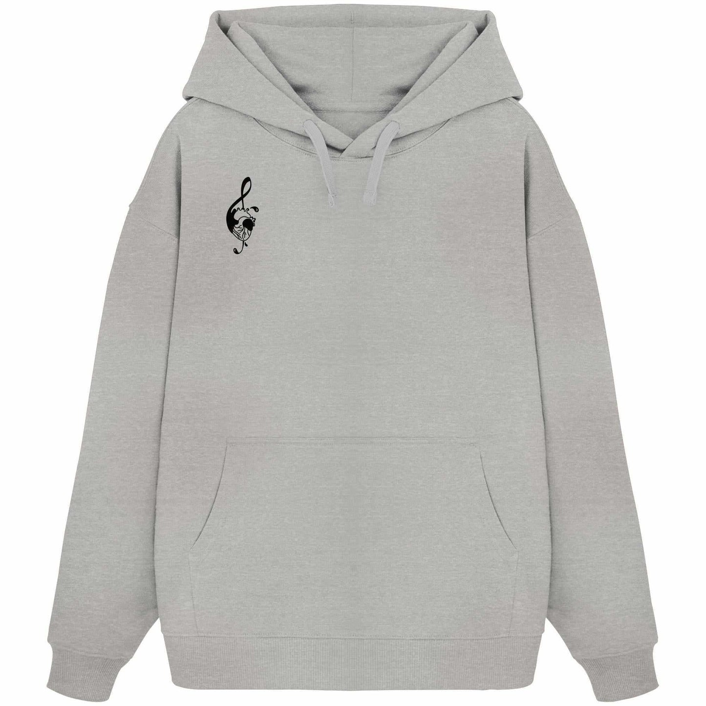 Vegan und Bio Oversized Hoodie: Music Heart mit schwarzem Logo und Kängurutasche, aus 100% Bio-Baumwolle, rebellisches Design von RUDE REBEL.