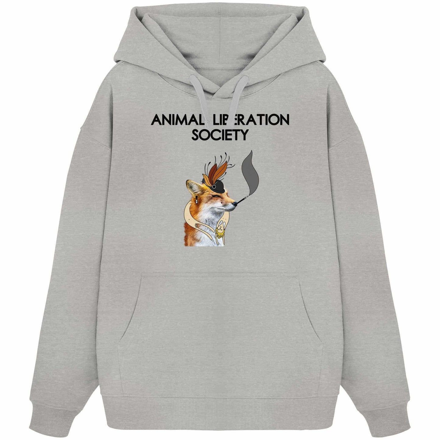 Vegan und Bio Oversized Hoodie: Mrs. Fox - Animal Liberation Society, zeigt einen Fuchs mit Hut und Zigarette, betont Tierrechte, aus Bio-Baumwolle, Kapuze, Kängurutasche.