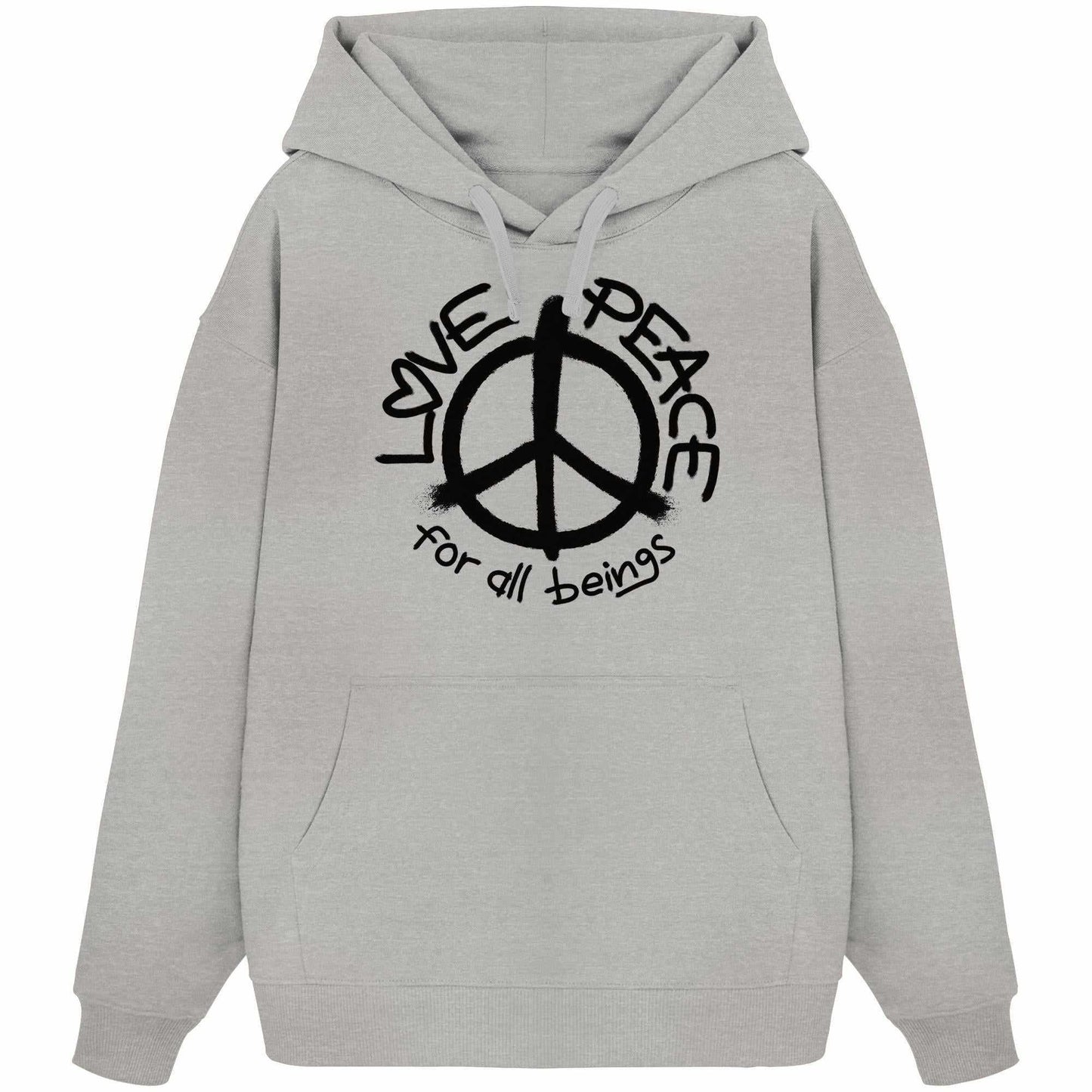 Vegan und Bio Oversized Hoodie mit Peace-Symbol, aus 100% Bio-Baumwolle, mit Kängurutasche und flachen Kordeln, designed für friedvollen und liebevollen Ausdruck.