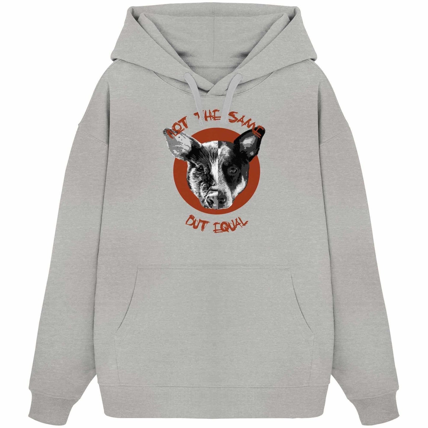 Graues Bio-Hoodie mit Hunde- und Schweinecollage, betont Tierrechtsbotschaft. Oversized Fit mit Kängurutasche und Kapuze. Marke: RUDE REBEL, Design: Vegan und Bio.