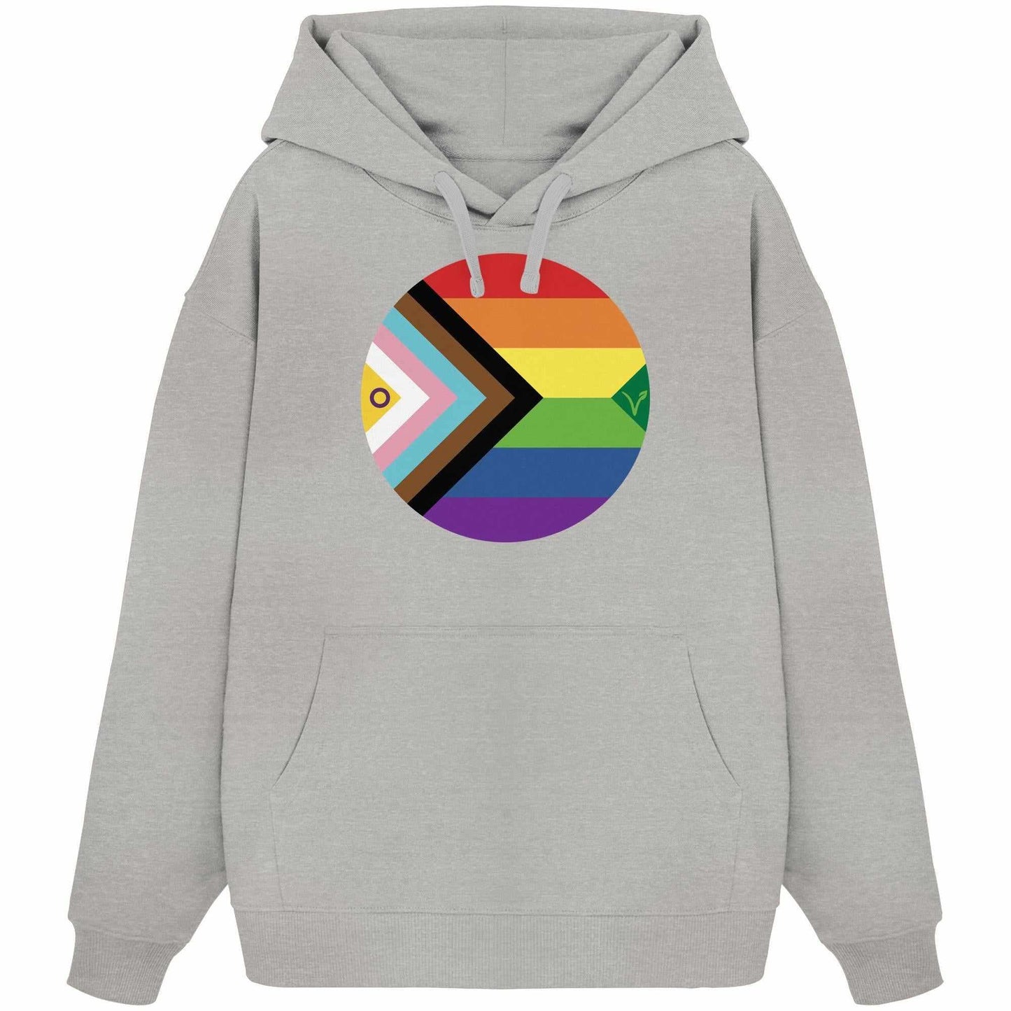 Vegan und Bio Oversized Hoodie mit Regenbogenkreis und Tieren, symbolisiert LGBTQAI+ und Veganismus, aus 100% Bio-Baumwolle, mit Kapuze und Kängurutasche.