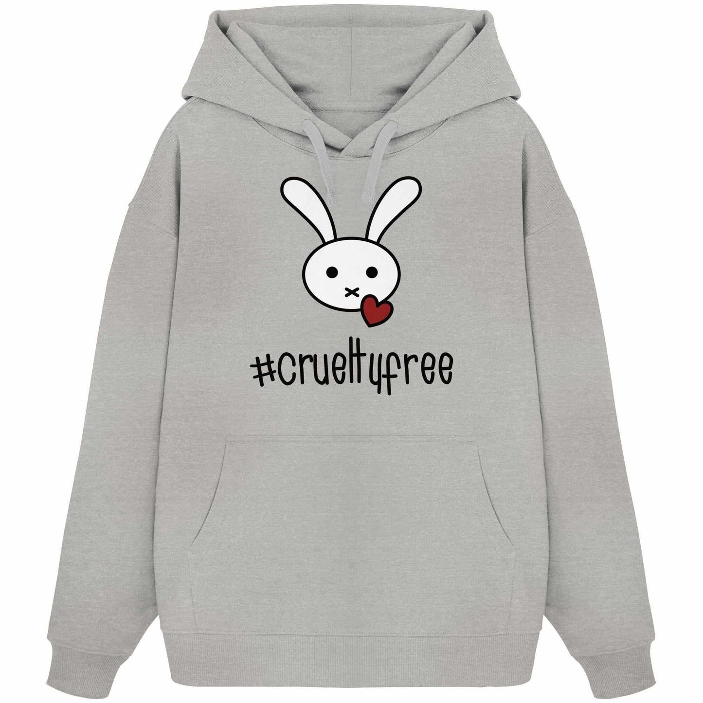 Vegan und Bio Oversized Hoodie: Crueltyfree Bunny BIG, mit weißem Cartoon-Hasen und Herzmotiv, aus 100% Bio-Baumwolle, für Tierschutzbewusste.