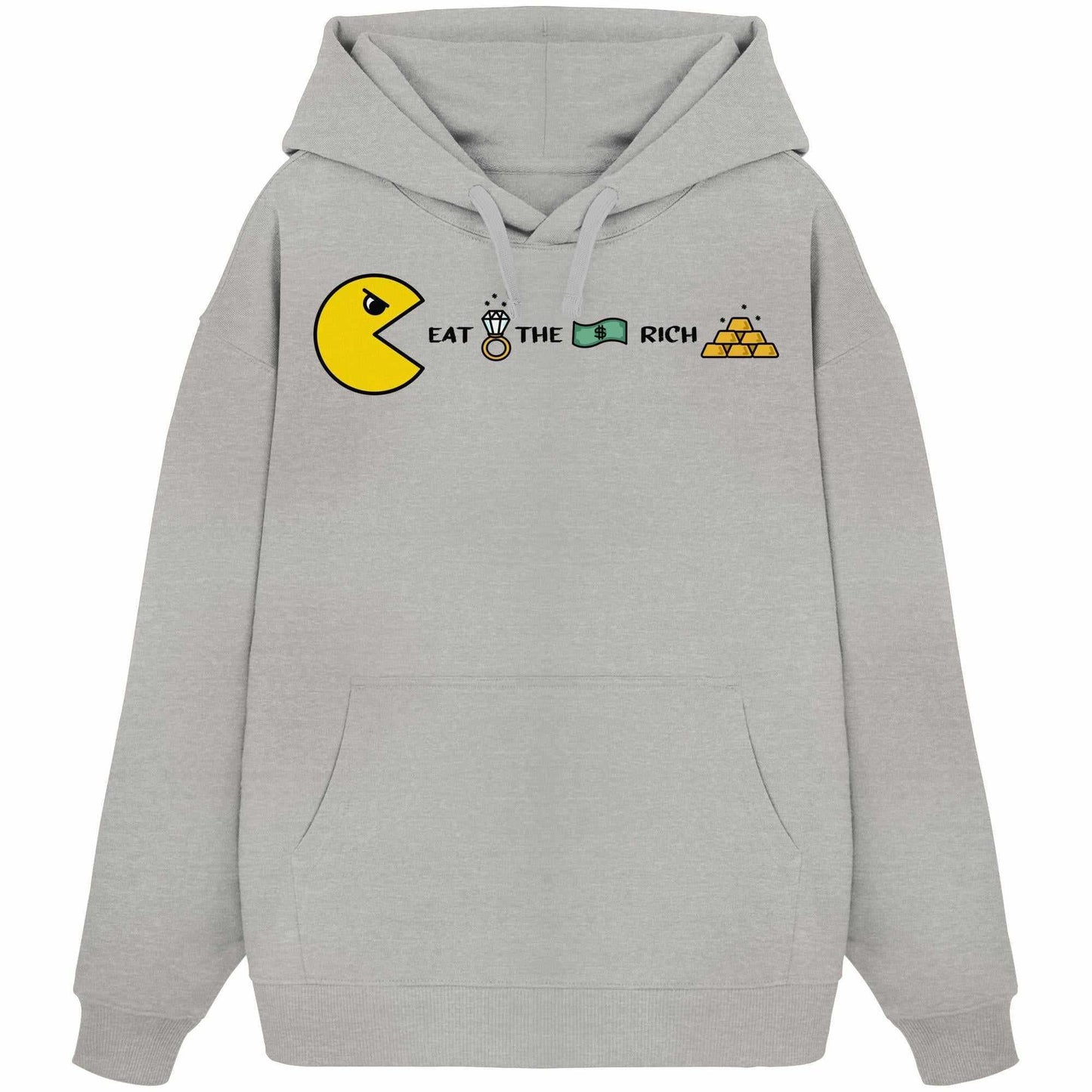 Vegan und Bio Oversized Hoodie: PAC-MAN - Eat the rich, graues Sweatshirt mit gelbem Pac-Man und Pyramidenmotiv, aus 100% Bio-Baumwolle, Kängurutasche.