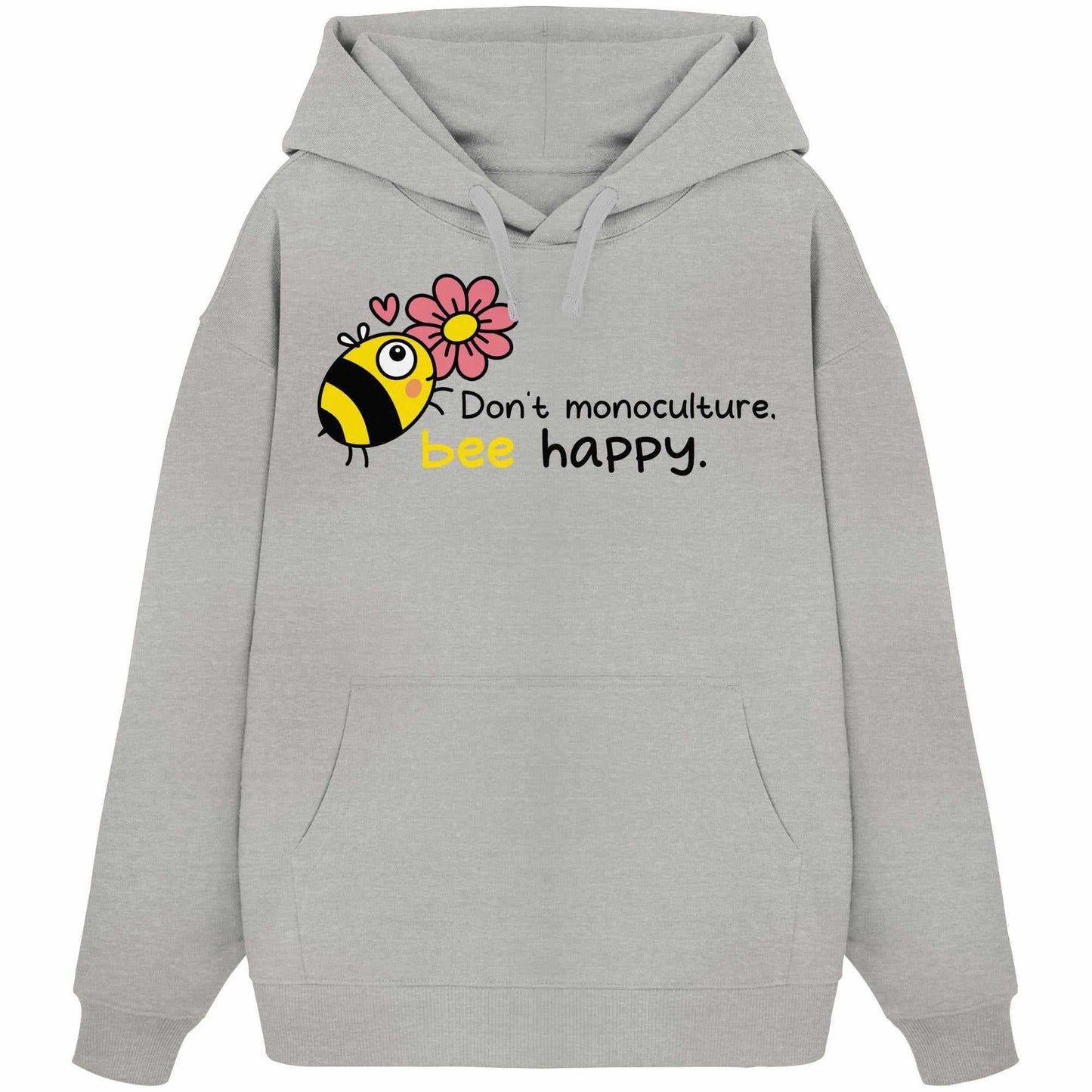 Vegan und Bio Oversized Hoodie: Save the bees, mit Cartoon-Biene und Blume, Kängurutasche vorne, aus 100% Bio-Baumwolle, rebellisches Design von RUDE REBEL.