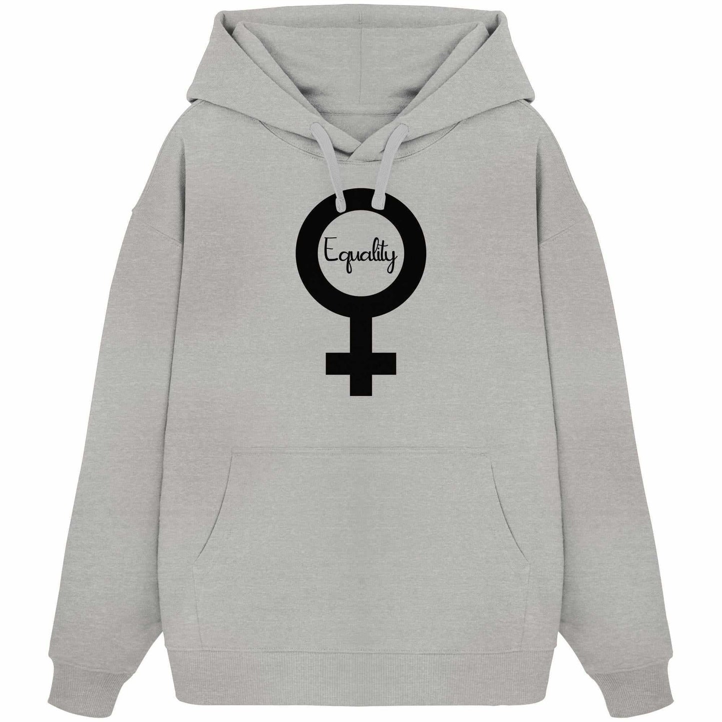 Vegan und Bio Oversized Hoodie mit feministischen Symbolen, zeigt Kampf um Gleichberechtigung. Enthält Kängurutasche, Kapuze und eingesetzte Ärmel aus 100% Bio-Baumwolle.