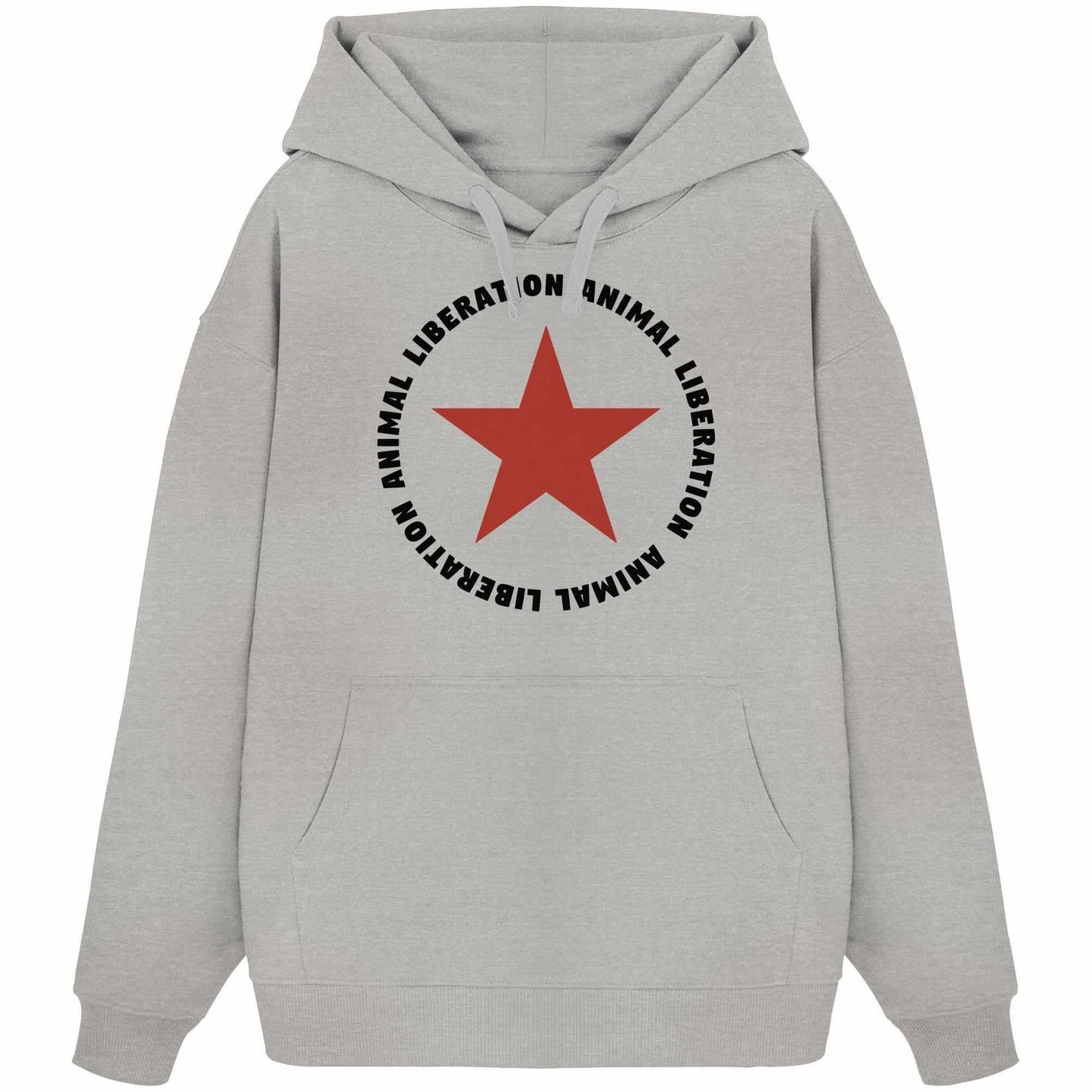 Vegan und Bio Oversized Hoodie: Red Star and Animal Liberation, grauer Hoodie mit rotem Stern, aus 100% Bio-Baumwolle, rebellisches Design von RUDE REBEL.