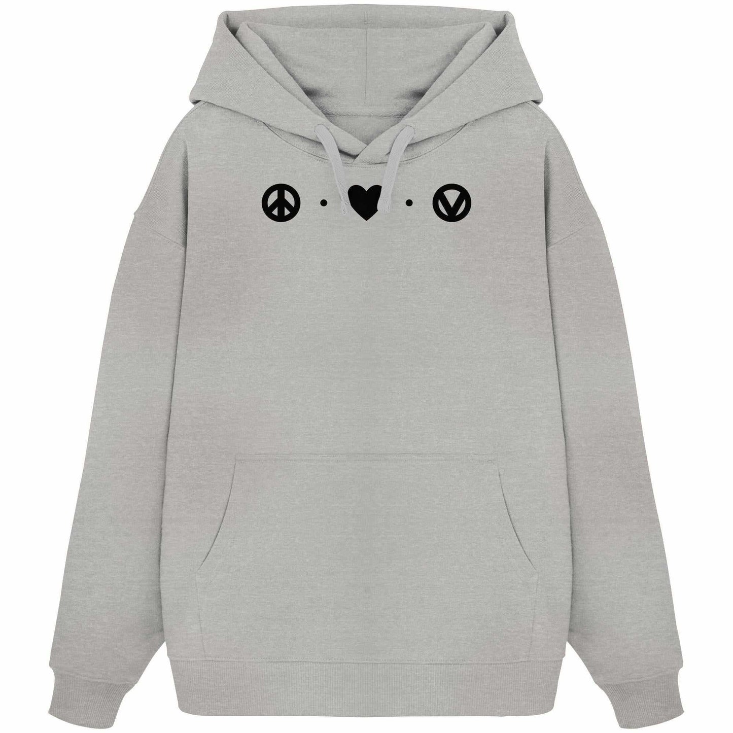 Vegan und Bio Oversized Hoodie: Love - Peace - Veganism mit schwarzem Peace-Symbol, Kapuze, Kängurutasche, aus 100% Bio-Baumwolle. Aussagekräftiges Design von RUDE REBEL.