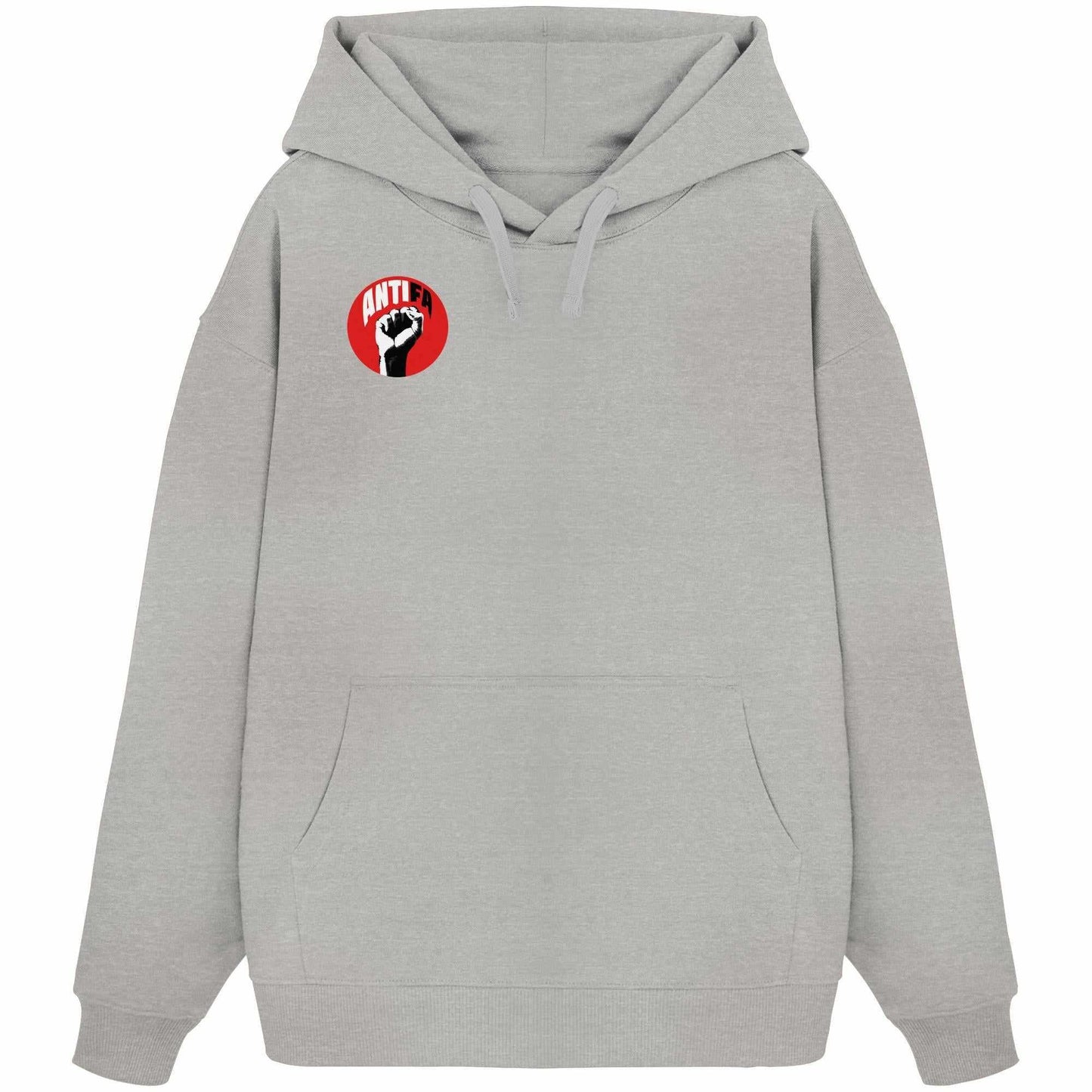 Vegan und Bio Oversized Hoodie: Antifa - Gemeinsam gegen Rechts, grauer Hoodie mit schwarzer Faustgrafik, umweltfreundlich aus Bio-Baumwolle, symbolisiert Widerstand gegen Hass und Hetze.