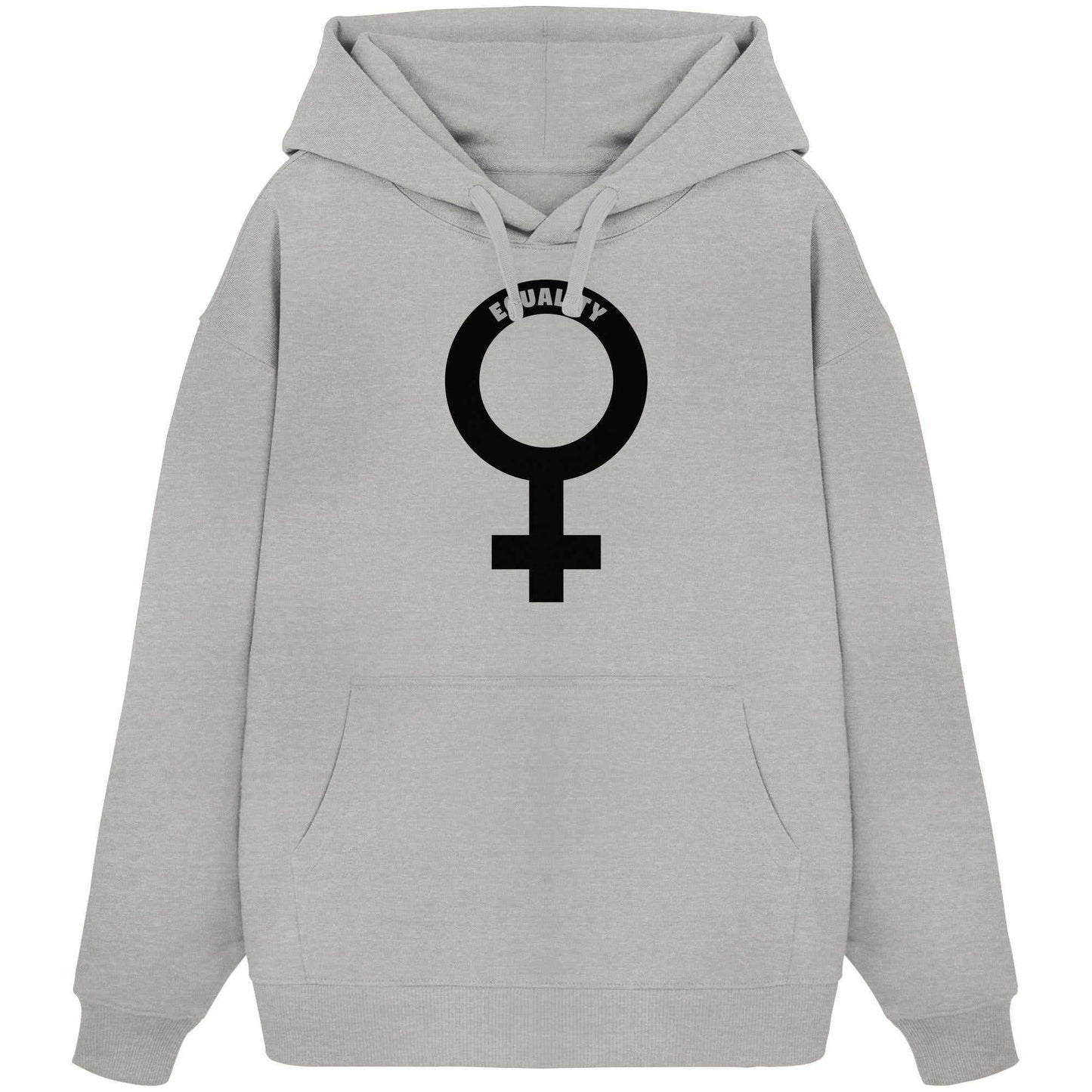 Grauer Oversized-Hoodie mit Venussymbol-Design, symbolisiert feministische Botschaft. Hergestellt aus 100% Bio-Baumwolle, mit Kängurutasche und Kapuze, von RUDE REBEL.