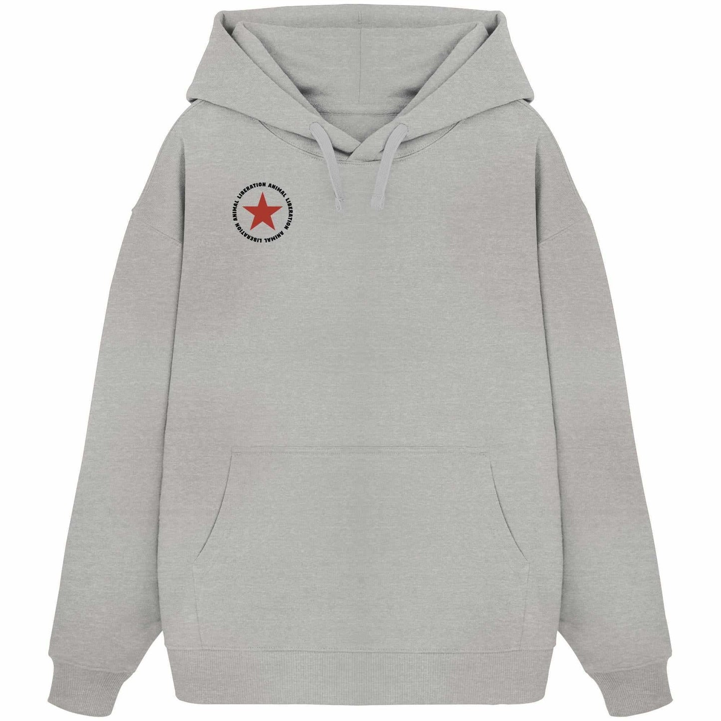 Vegan und Bio Oversized Hoodie mit rotem Stern und Tierrechtsbotschaft, gefertigt aus 100% Bio-Baumwolle, mit Kapuze und Kängurutasche.