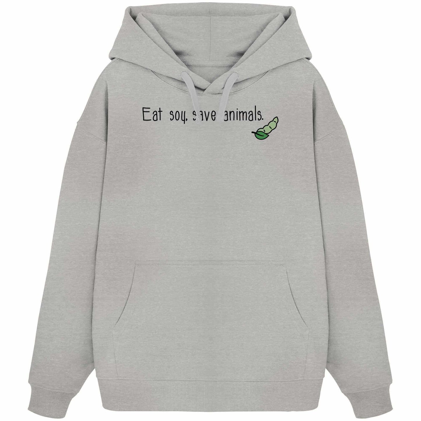 Vegan und Bio Oversized Hoodie mit grünem Motiv und Kängurutasche, symbolisiert Veganismus und Tierschutz. Hergestellt aus 100% Bio-Baumwolle, von RUDE REBEL.