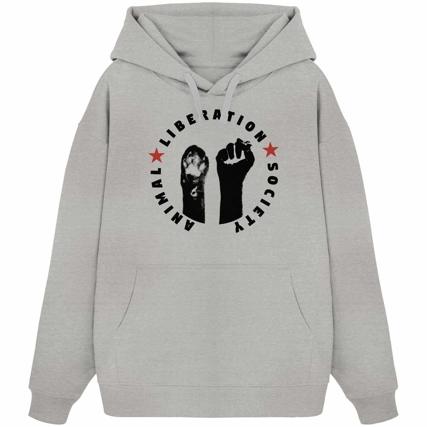 Vegan und Bio Oversized Hoodie mit schwarzen Händen und Schriftzug, symbolisiert Tierrechte: Pfote neben Faust für Freiheit. 100% Bio-Baumwolle, rebellisches Design von RUDE REBEL.