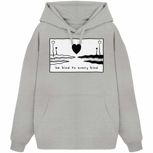 Vegan und Bio Oversized Hoodie: Be kind to every kind mit Kängurutasche und Kapuze, zeigt Herz- und Krokodilzeichnung für Tierrechte und Nachhaltigkeit.