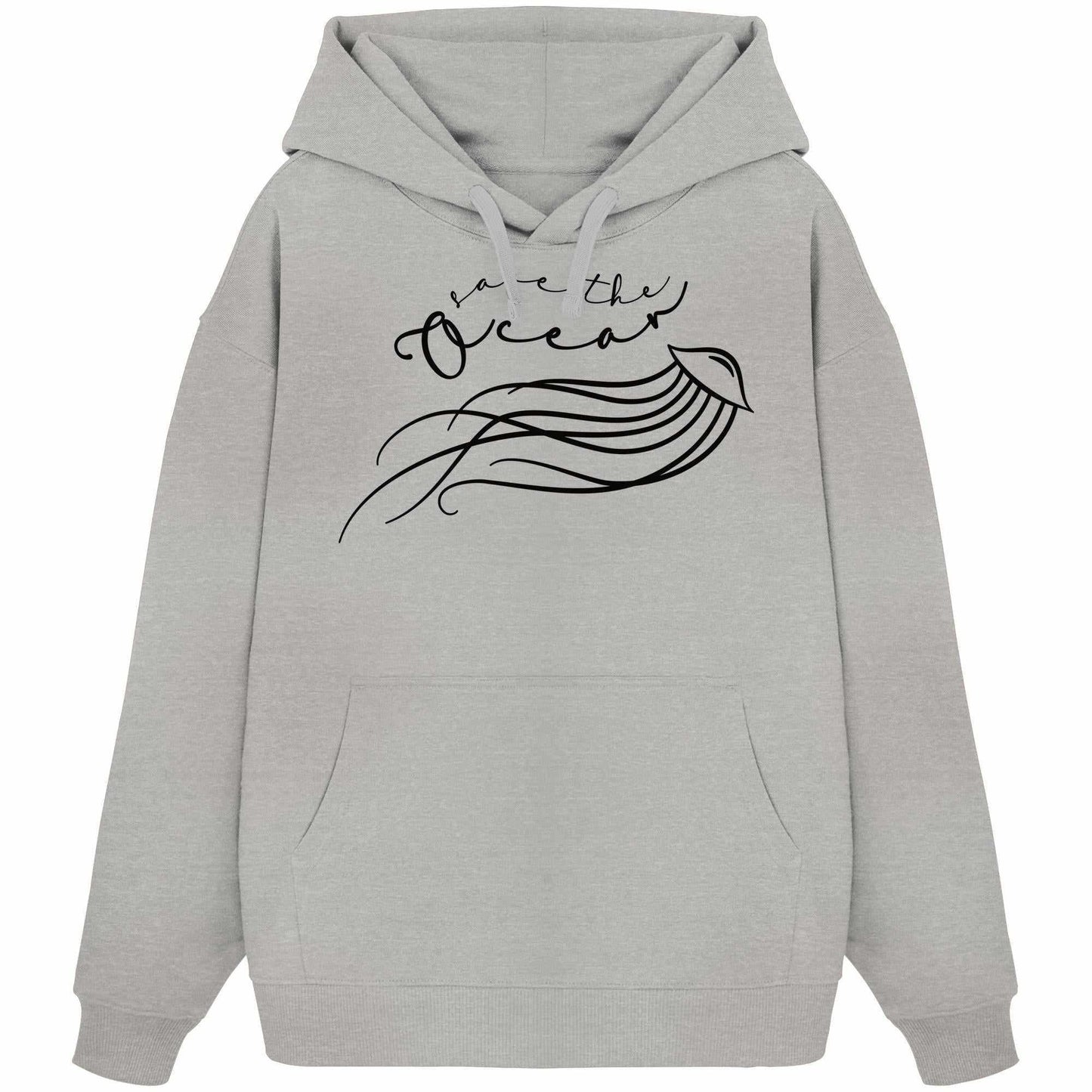 Vegan und Bio Oversized Hoodie mit Quallen-Design und Save the Ocean-Apell, Kängurutasche, Kapuze; aus 100% Bio-Baumwolle, von RUDE REBEL.