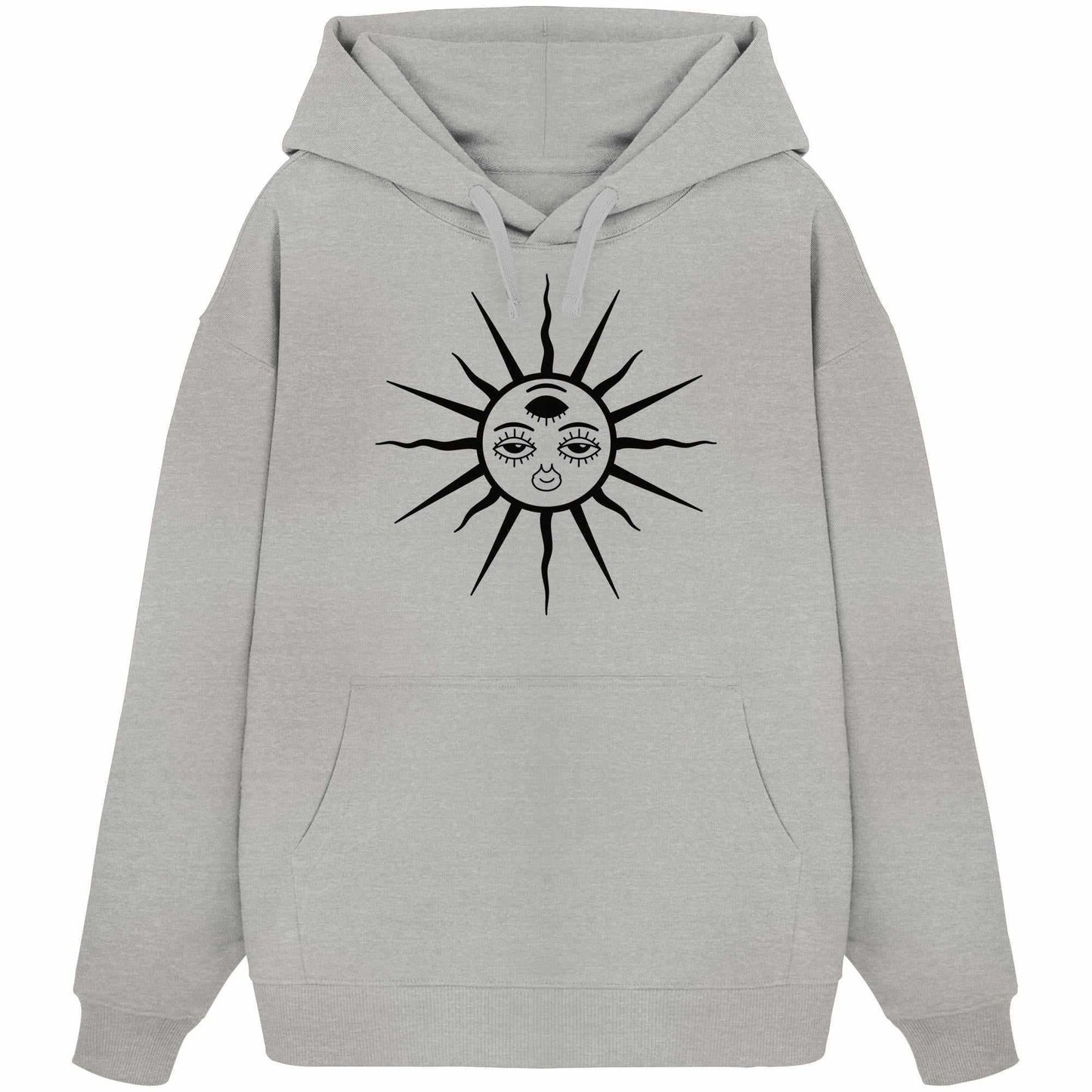 Vegan und Bio Oversized Hoodie: The Sun - Third Eye Awakening, grauer Hoodie mit aufgedrucktem Sonnenmotiv und Kängurutasche, ideal für umweltbewusste, modische Anlässe.