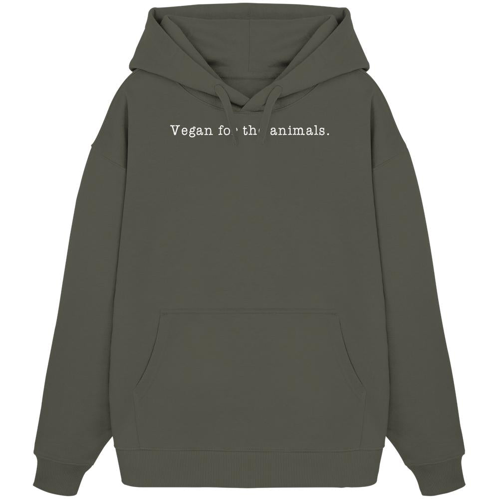 Vegan und Bio Unisex Oversized Hoodie: Minimalism Design - Olivegrüner Hoodie mit Vegan for the animals-Schriftzug, Kängurutasche, Kapuze und Rippbündchen aus 100% Bio-Baumwolle.