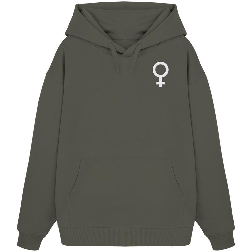 Olivegrüner Bio-Hoodie mit Venus-Symbol auf der Brust, Kängurutasche und Kapuze. Symbolisiert den feministischen Kampf.