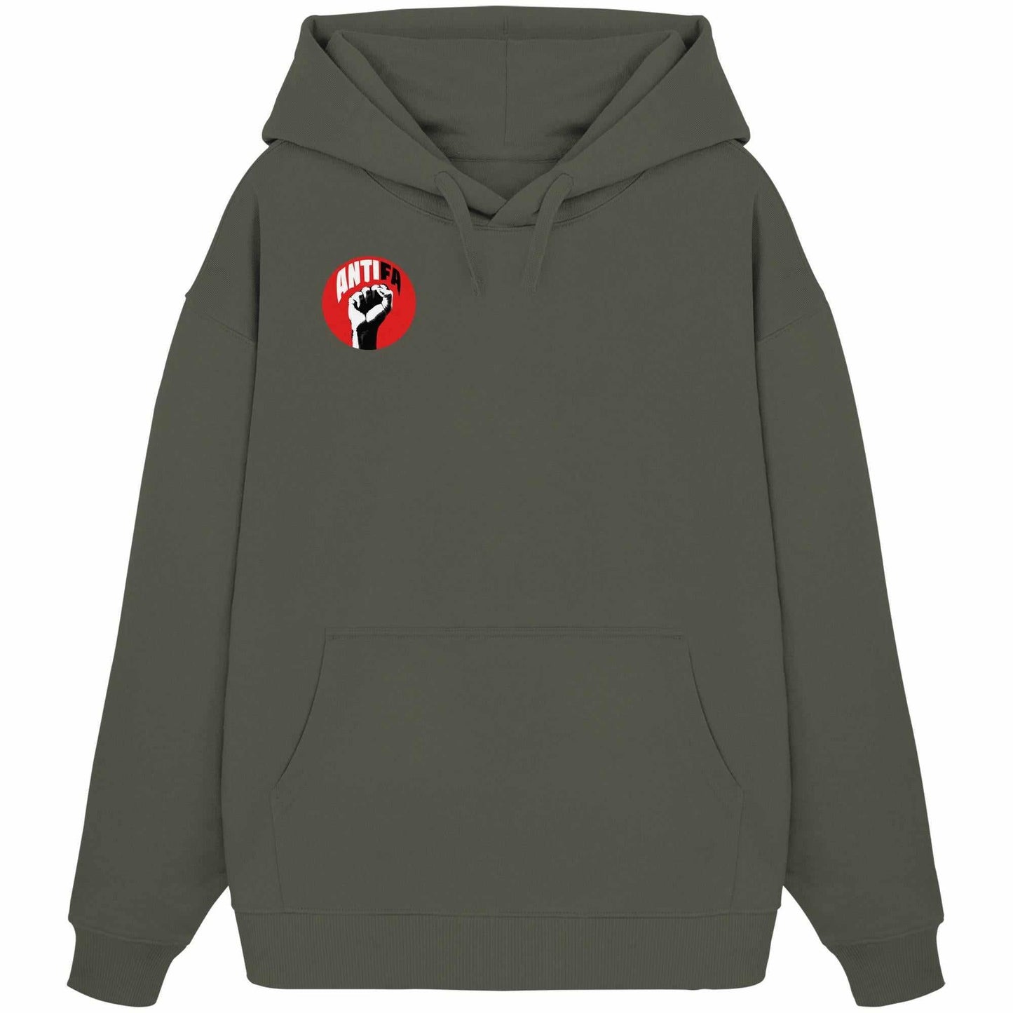 Vegan und Bio Oversized Hoodie: Antifa - Gemeinsam gegen Rechts, grauer Hoodie mit schwarzer Faust, umweltfreundlich aus Bio-Baumwolle, rebellisches Design gegen Faschismus und für Demokratie.