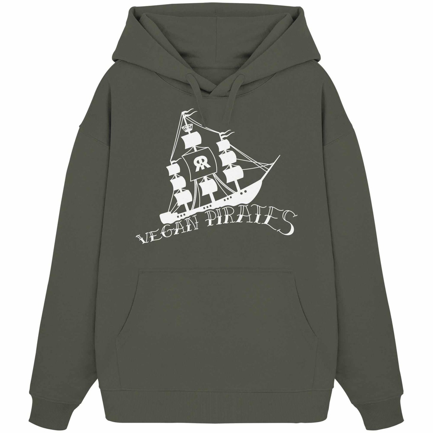 Vegan und Bio Oversized Hoodie: Vegan Pirates – Grauer Hoodie mit Schiffsmotiv, aus 100% Bio-Baumwolle, Kapuze und Kängurutasche, rebellisches Design.