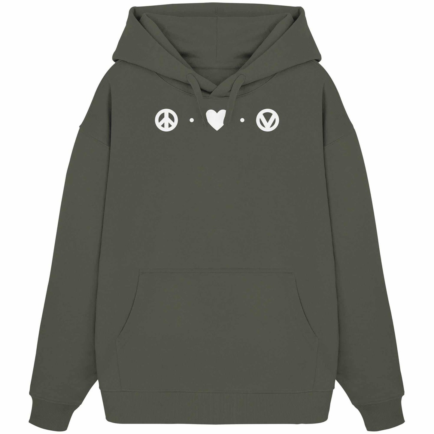 Vegan und Bio Oversized Hoodie: Love - Peace - Veganism, grauer Kapuzenpullover mit weißem Peace-Symbol, aus 100% Bio-Baumwolle, mit Kängurutasche und flachen Kordeln.