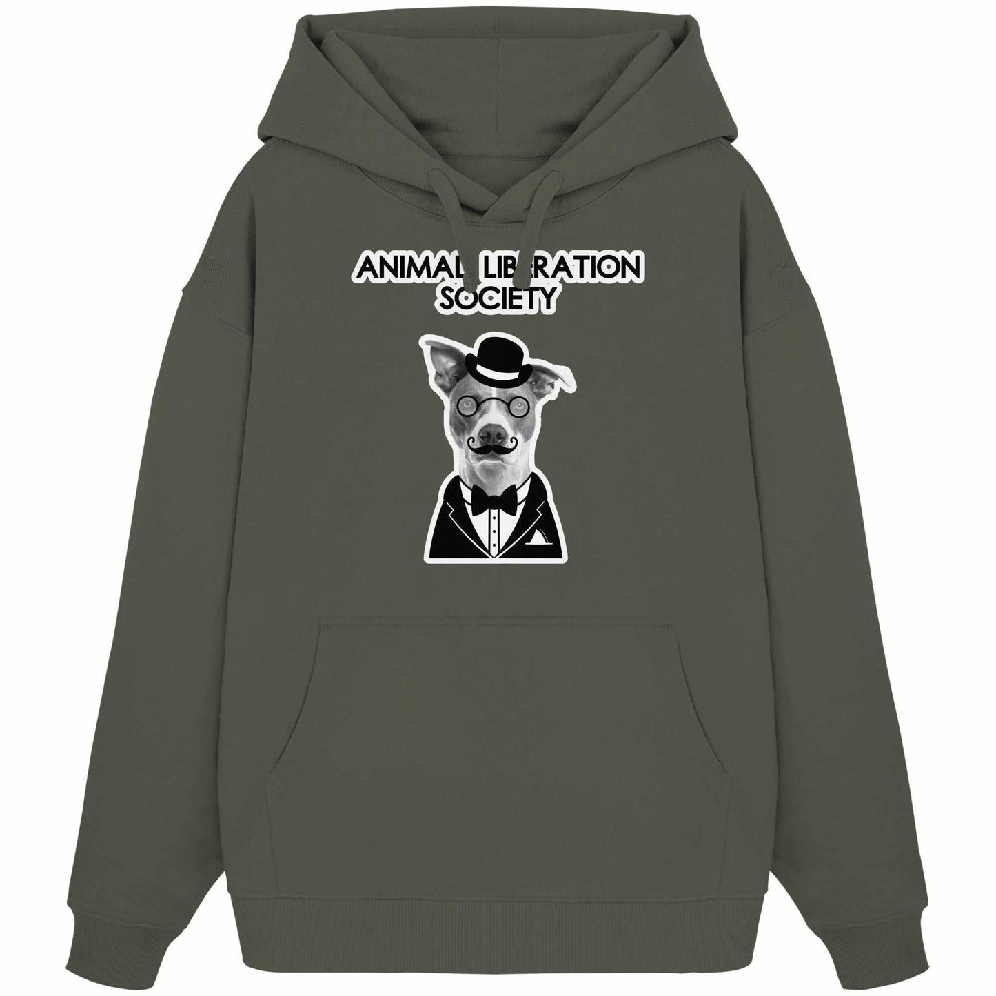 Vegan und Bio Oversized Hoodie: Mr. Dog - Animal Liberation Society mit Hundemotiv, Kapuze und Kängurutasche, aus 100% Bio-Baumwolle, betont Tierrechte-Thematik.