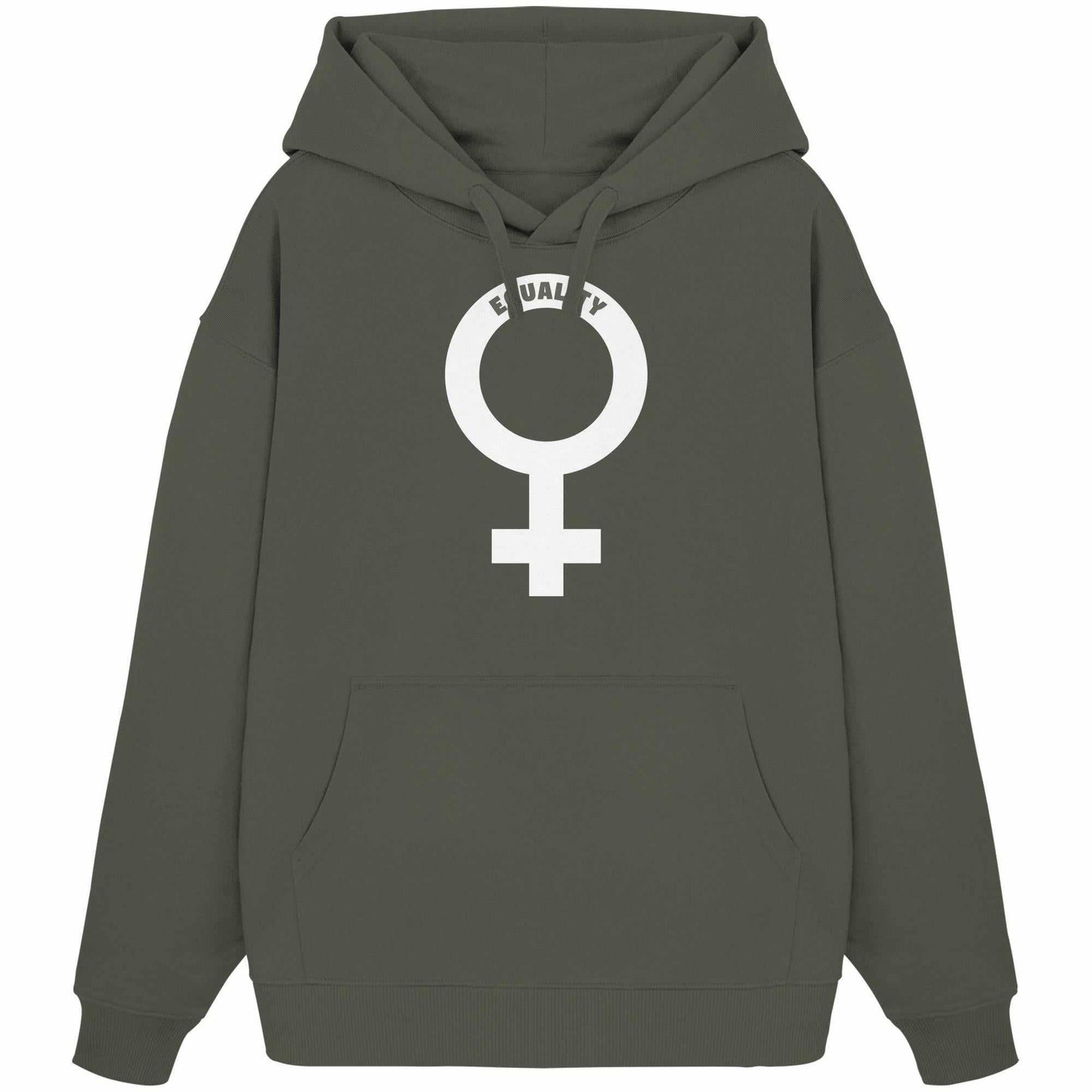 Vegan und Bio Oversized Hoodie mit Venussymbol, grauer Kapuzenpullover aus 100% Bio-Baumwolle, feministisch inspiriert, mit Kängurutasche und flachen Kordeln.