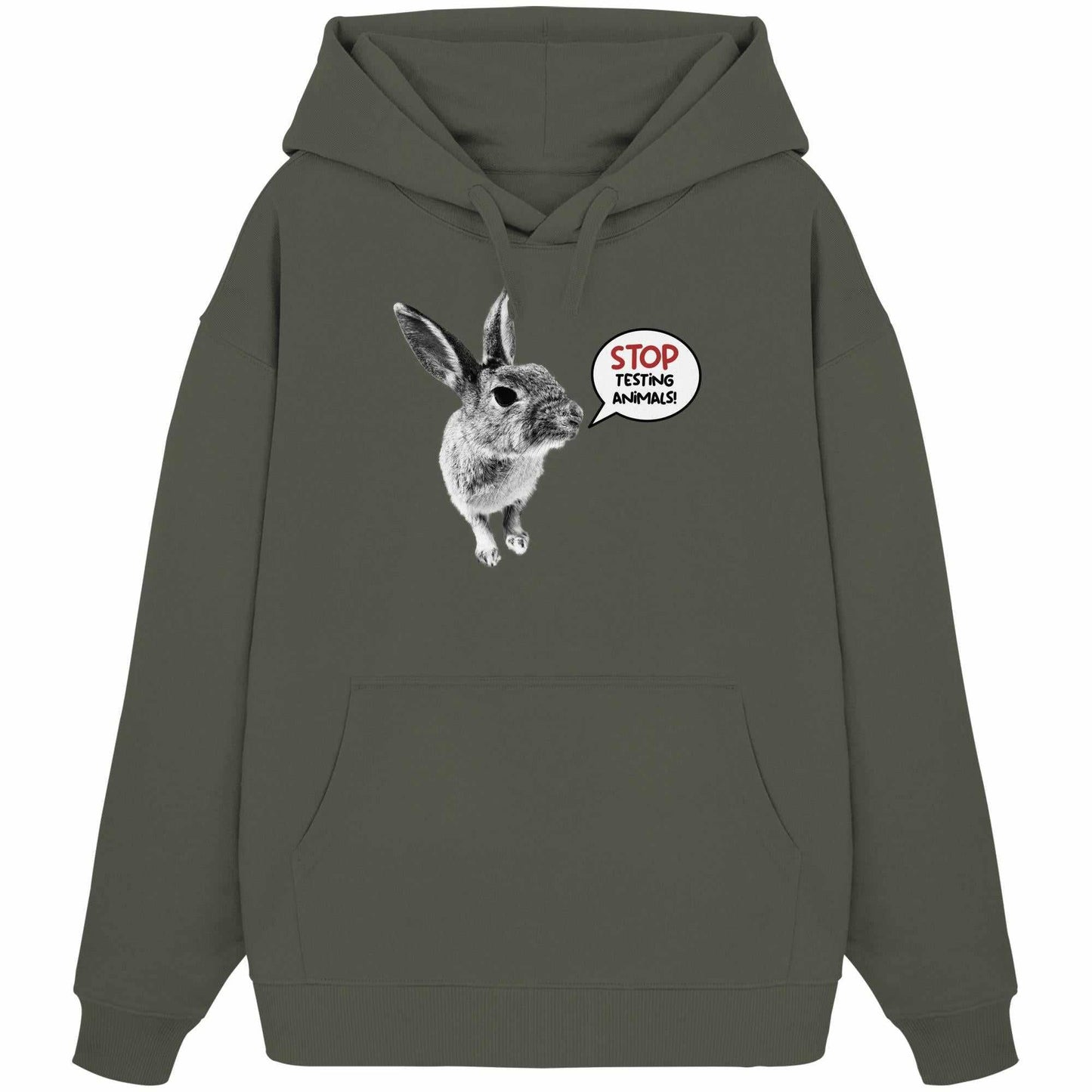 Vegan und Bio Oversized Hoodie mit niedlichem Hasenmotiv und Botschaft STOP ANIMAL TESTING!, aus 100% Bio-Baumwolle, designed von RUDE REBEL.