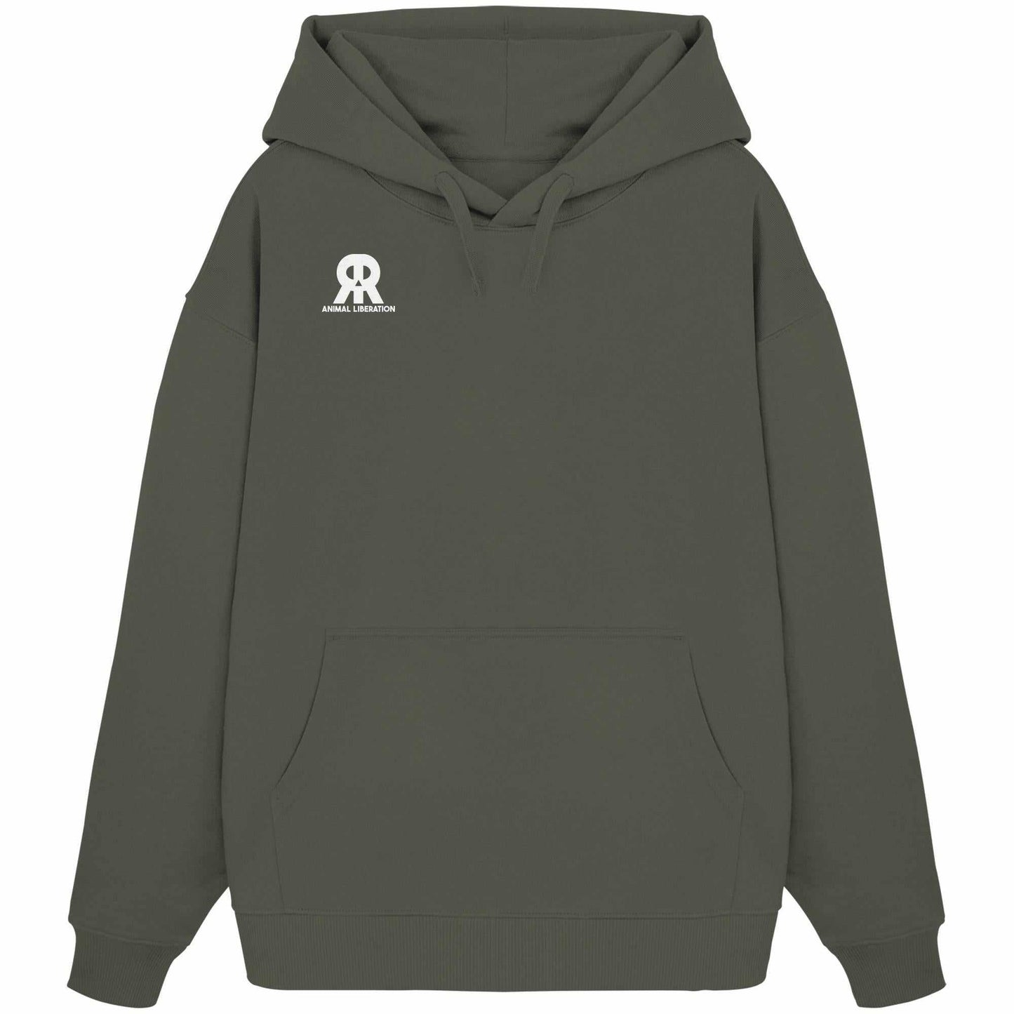 Vegan und Bio Oversized Hoodie: RUDE REBEL Skull - Animal Liberation, grauer Hoodie mit weißem Logo, Kängurutasche und Kapuze, aus 100% Bio-Baumwolle.