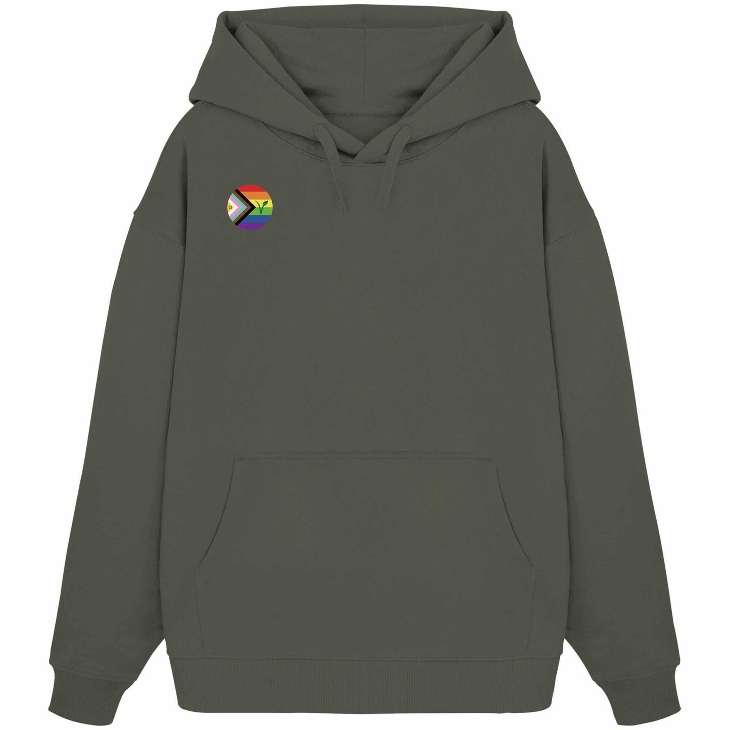 Vegan und Bio Oversized Hoodie: LGBTQIA+ VEGAN, graues Sweatshirt mit Regenbogen-Logo und grünem Blatt, symbolisiert Freiheit und Nachhaltigkeit, in Bio-Baumwolle gefertigt.