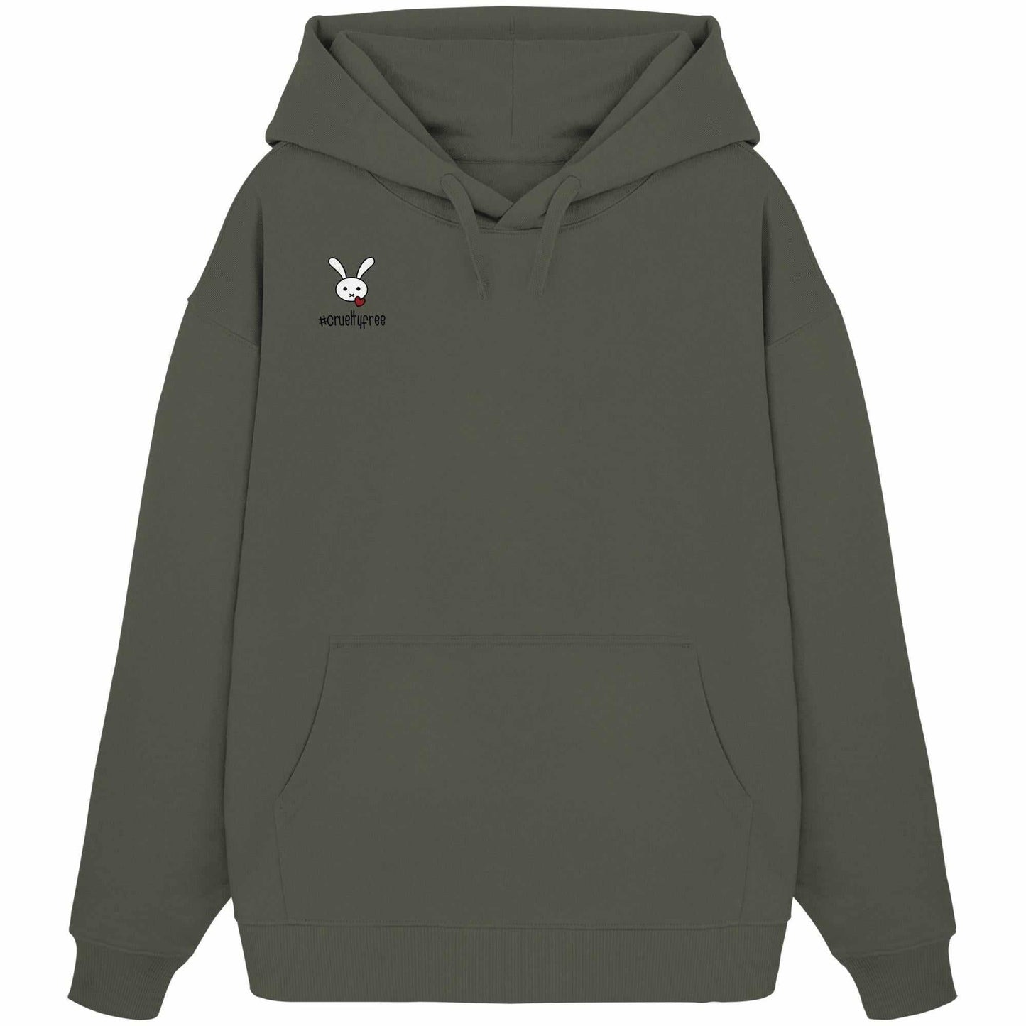 Vegan und Bio Oversized Hoodie: Crueltyfree Bunny mit Cartoon-Hasen und Herzmotiv, aus 100% Bio-Baumwolle, Kapuze und Kängurutasche.