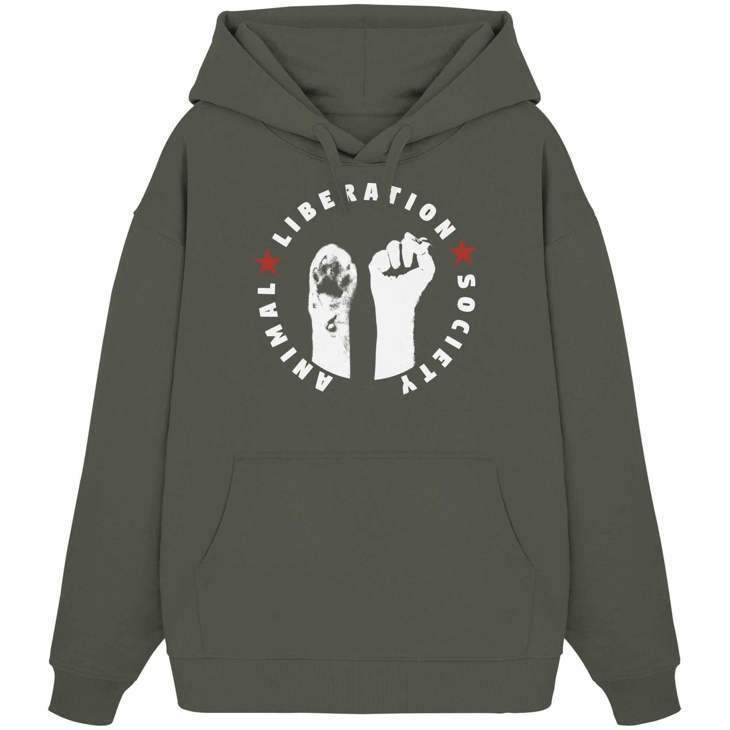 Vegan und Bio Oversized Hoodie mit weißen Händen und Text, symbolisiert Tierbefreiung, aus 100% Bio-Baumwolle, rebellisches Design von RUDE REBEL.