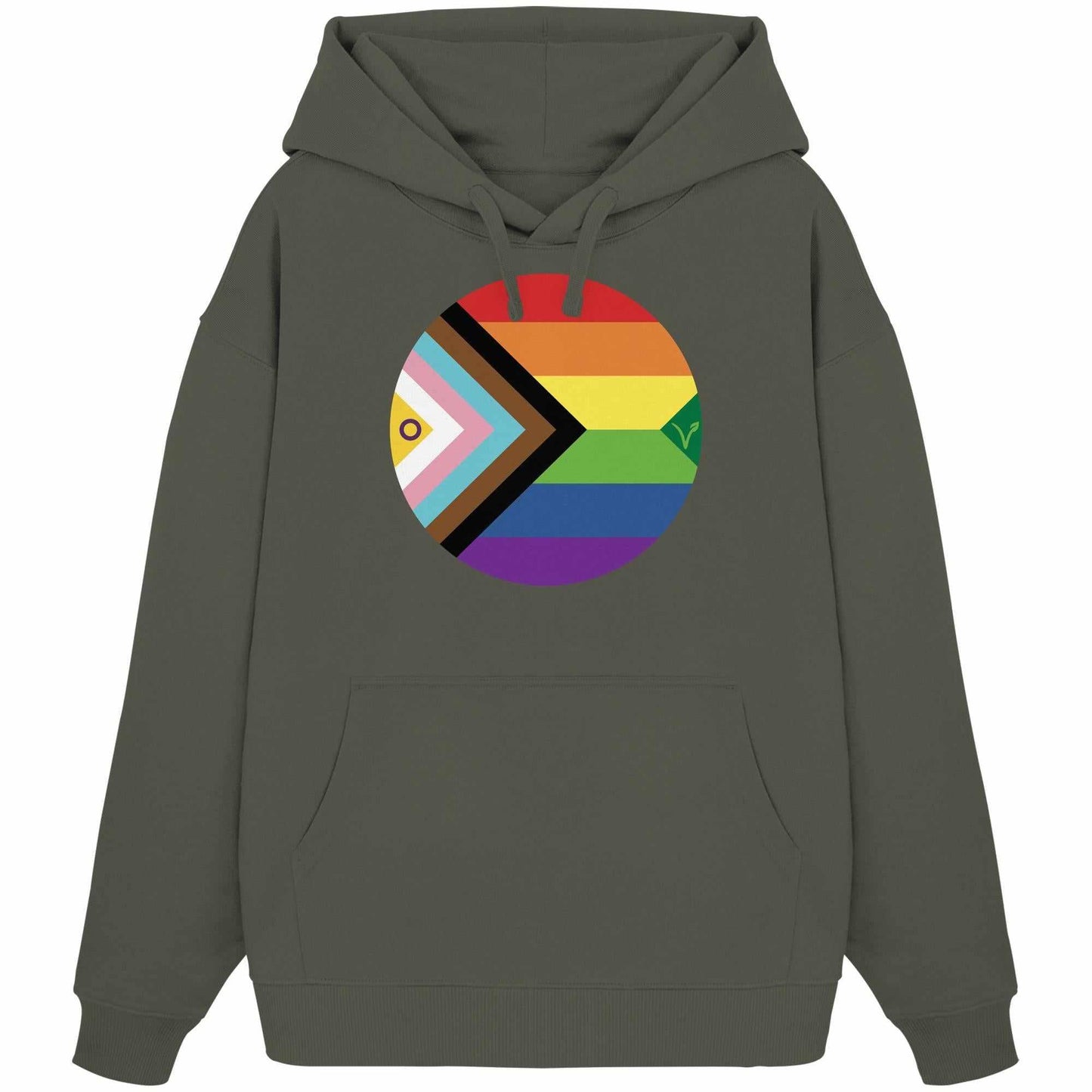 Vegan und Bio Oversized Hoodie mit Regenbogenkreis und Fischmotiv, symbolisiert LGBTQAI+ und Veganismus, aus 100% Bio-Baumwolle, rebellisches Design.