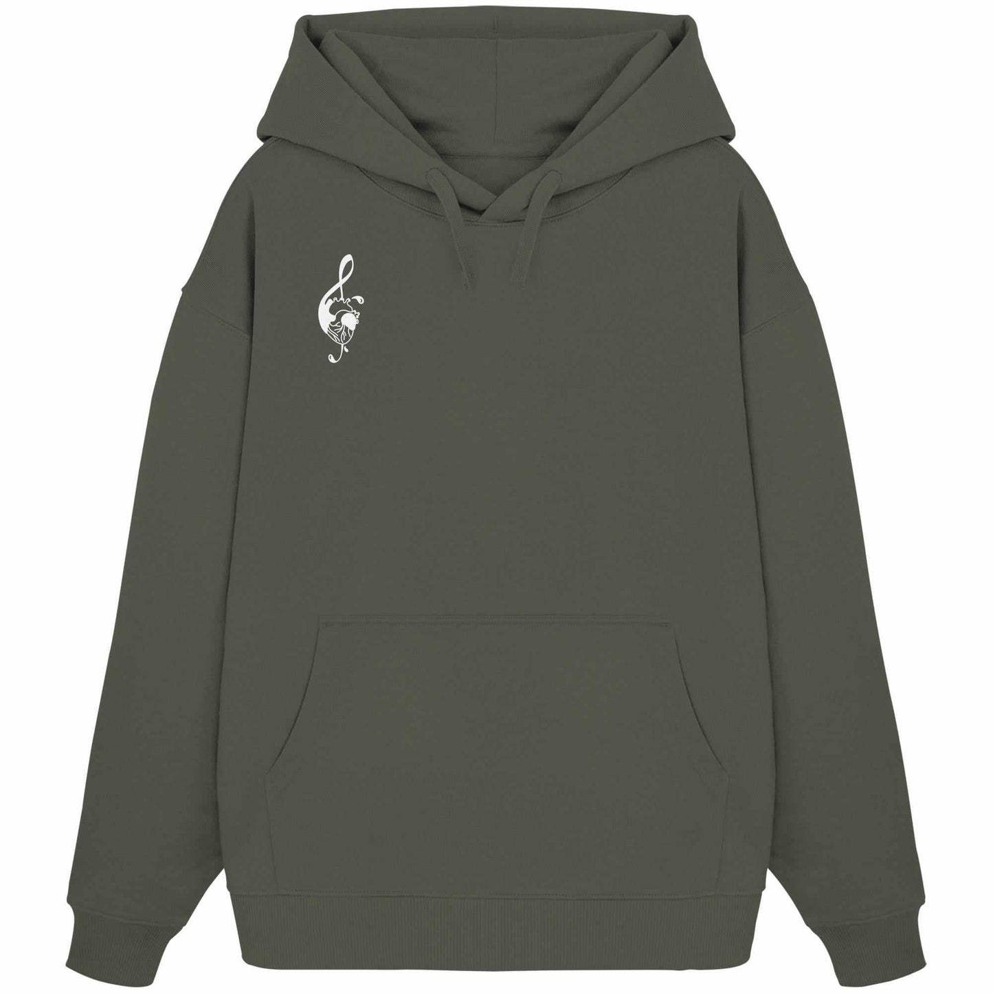 Vegan und Bio Oversized Hoodie: Music Heart, grauer Kapuzenpullover mit weißem Logo, gefertigt aus 100% Bio-Baumwolle, mit Kängurutasche und flachen Kordeln.