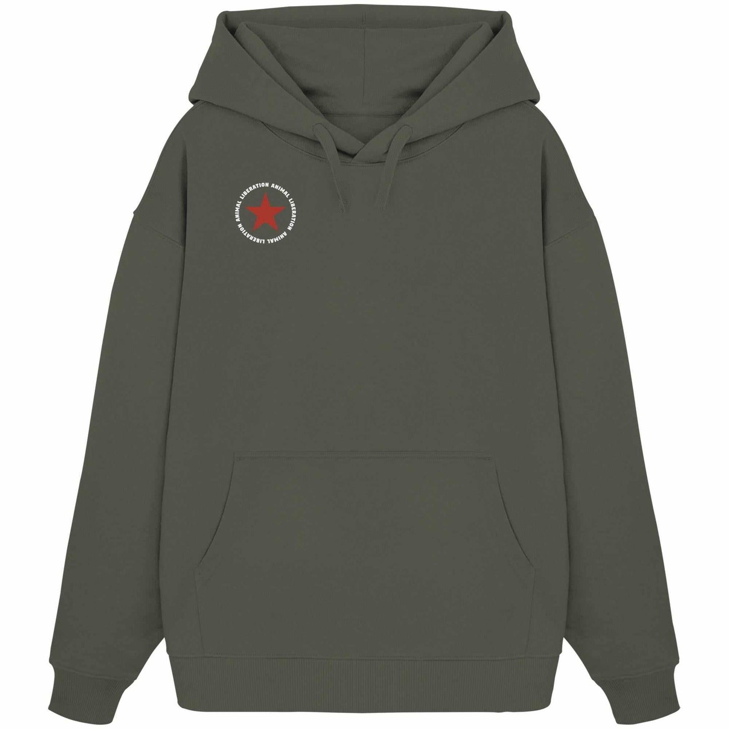 Vegan und Bio Oversized Hoodie: Red Star - Animal Liberation, grauer Hoodie mit rotem Stern, Kapuze, Kängurutasche, aus 100% Bio-Baumwolle.