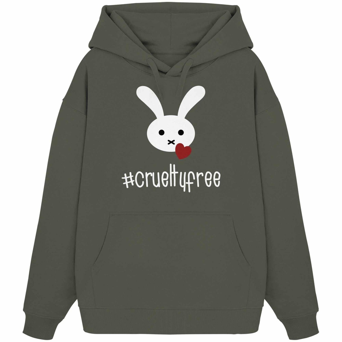 Vegan und Bio Oversized Hoodie: Crueltyfree Bunny BIG mit weißem Kaninchen-Motiv, aus 100% Bio-Baumwolle, Kapuze und Kängurutasche, rebellisch und nachhaltig.