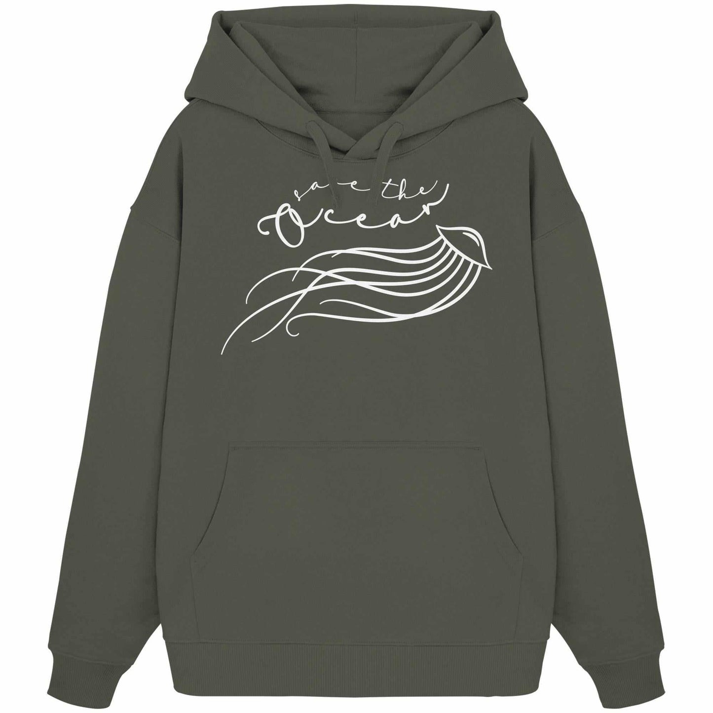 Vegan und Bio Oversized Hoodie: Jellyfish - Save the Ocean, grauer Kapuzenpullover mit weißem Quallenmotiv und Kängurutasche, betont den Schutz der Meere.