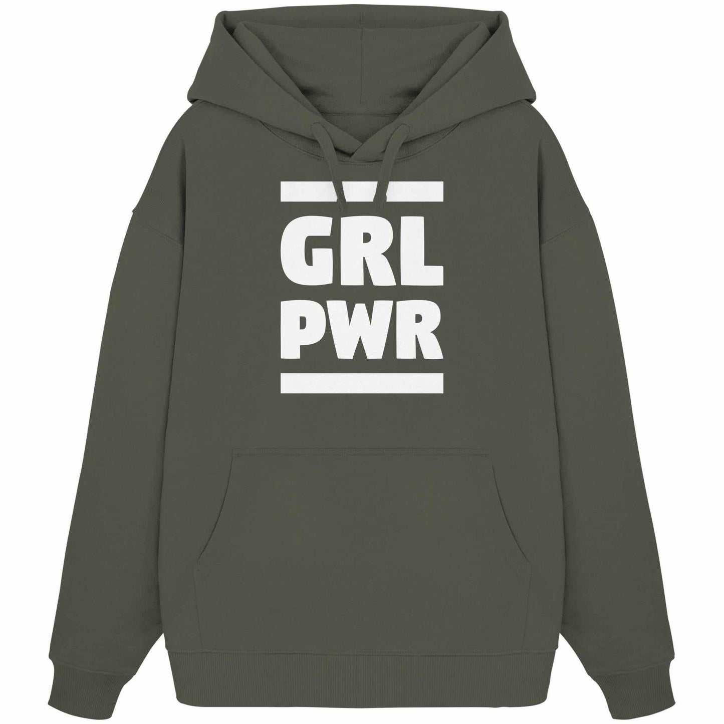 Vegan und Bio Oversized Hoodie: GIRL POWER, graues Sweatshirt mit feministischer Botschaft, Kängurutasche und Kapuze, aus 100% Bio-Baumwolle, designed von RUDE REBEL.