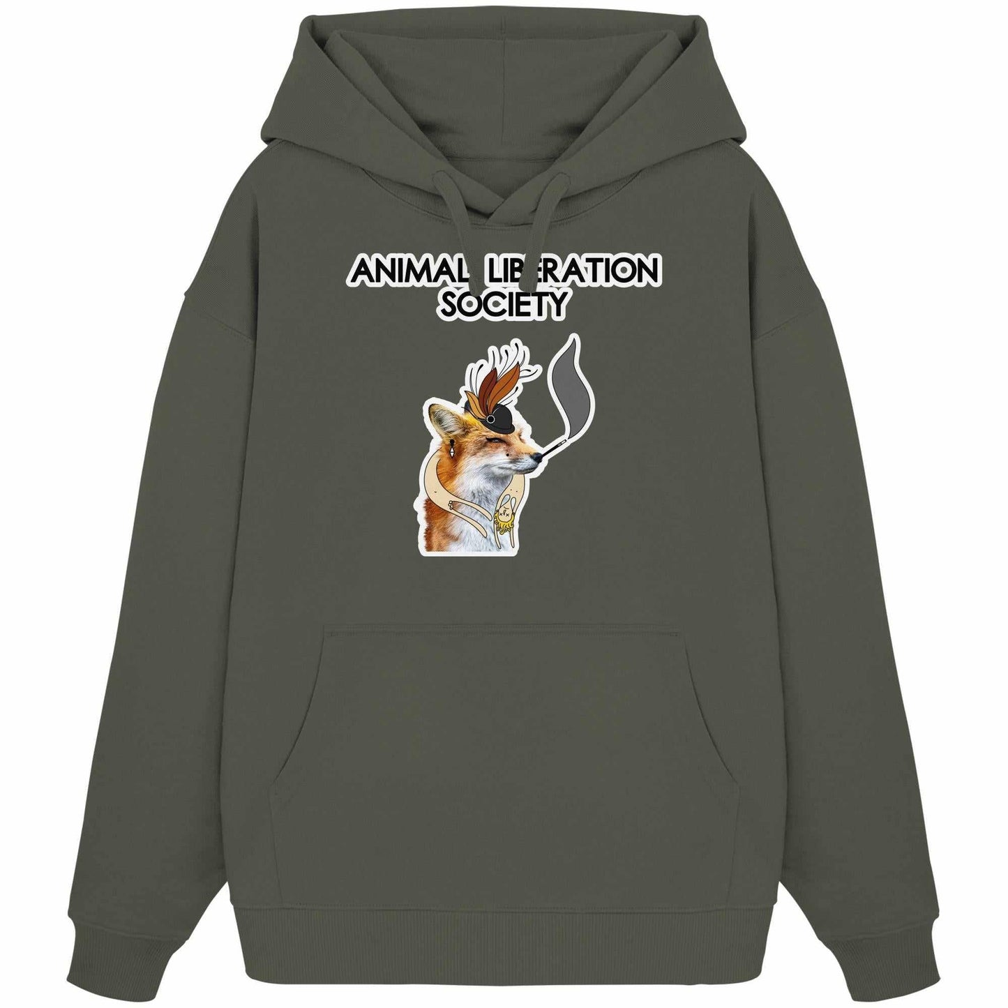 Vegan und Bio Oversized Hoodie: Mrs. Fox - Animal Liberation Society, zeigt einen Fuchs mit Hut und Zigarette, symbolisiert Tierrechte; aus 100% Bio-Baumwolle.