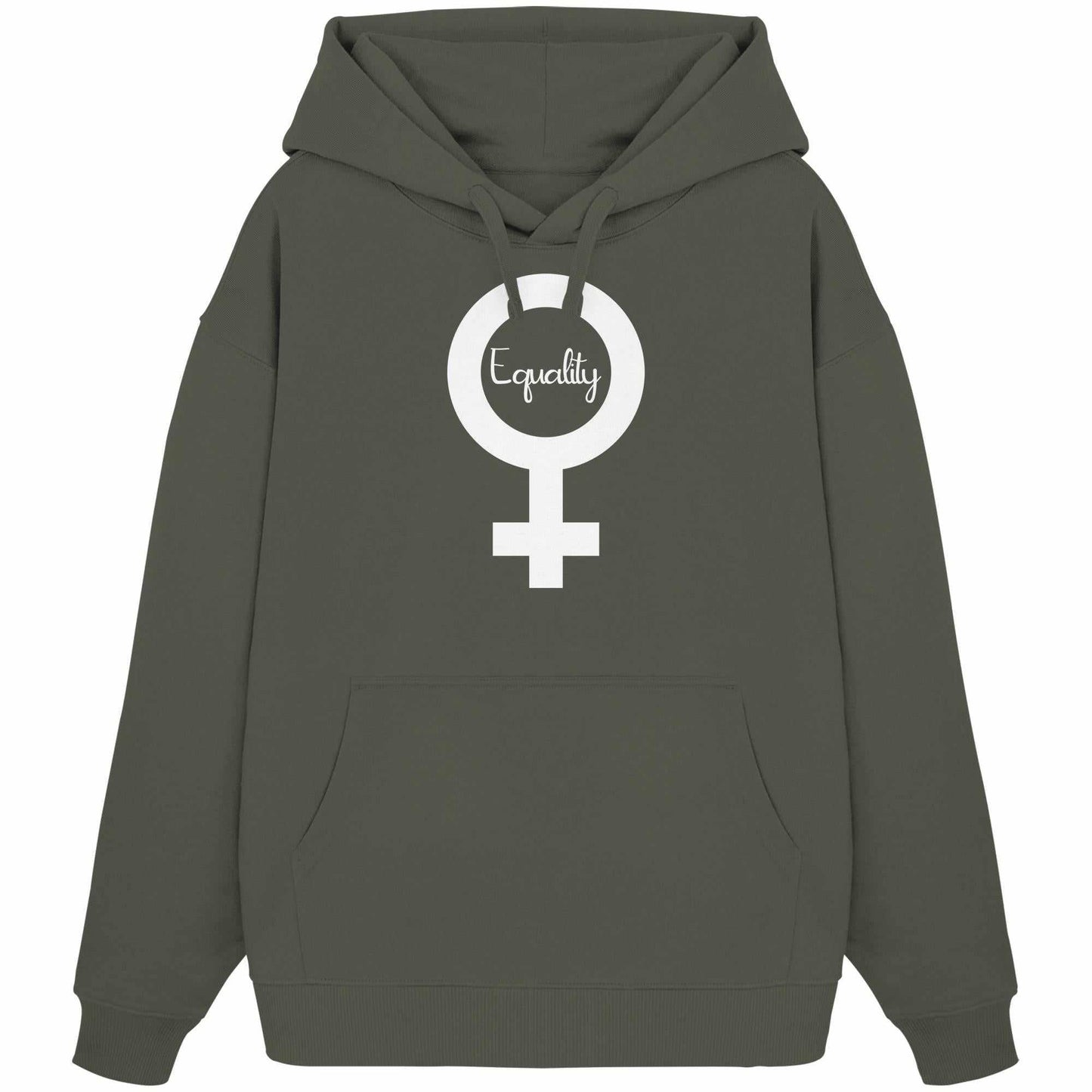 Vegan und Bio Oversized Hoodie: Feminismus - Der Kampf um Gleichberechtigung, mit weißem Symbol auf grauem Sweatstoff, Kapuze und Kängurutasche, aus Biobaumwolle.