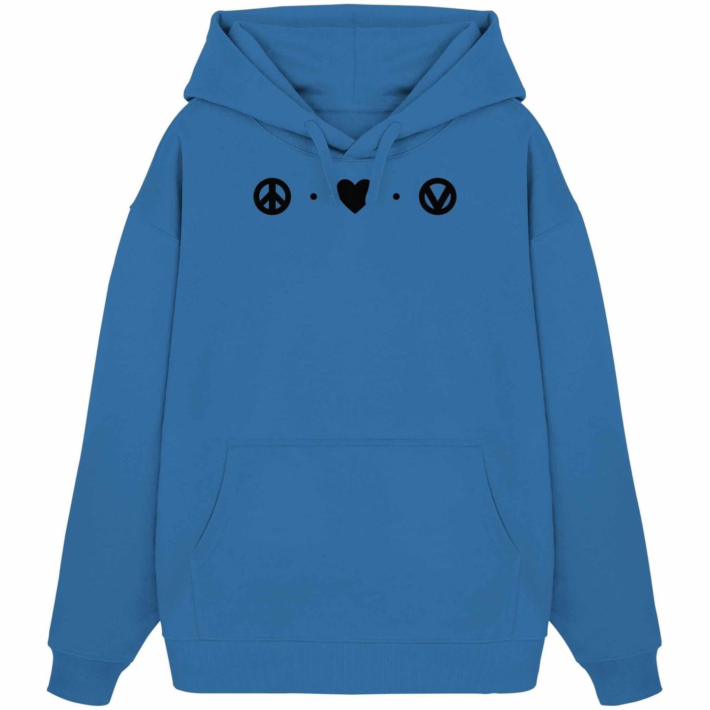 Vegan und Bio Oversized Hoodie: Love - Peace - Veganism mit schwarzem Peace-Symbol, Herz und Kängurutasche, aus 100% Bio-Baumwolle, von RUDE REBEL.