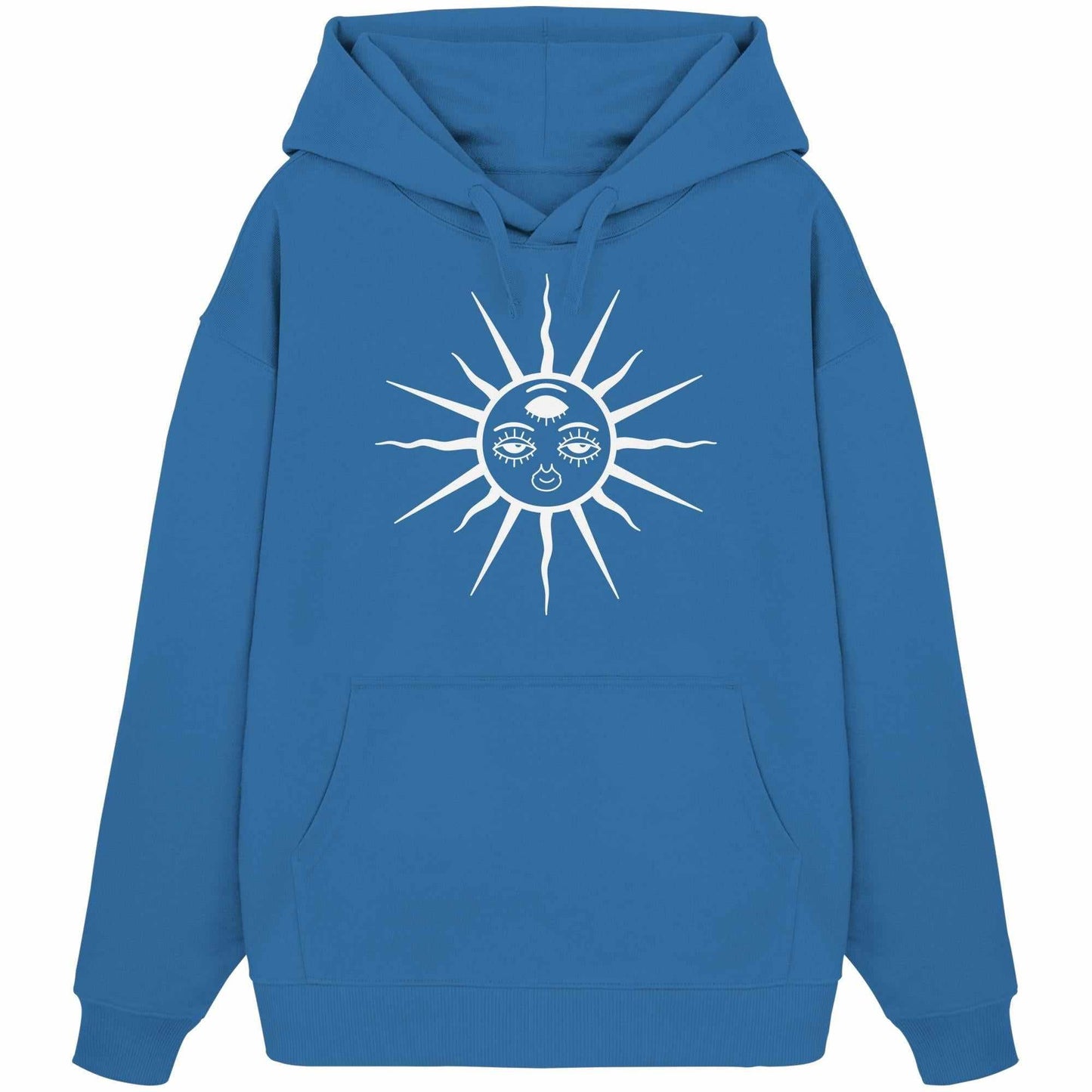 Vegan und Bio Oversized Hoodie: The Sun - Third Eye Awakening mit Sonnen- und Mondmotiv auf 100% Bio-Baumwolle, mit Kängurutasche und Kapuze.