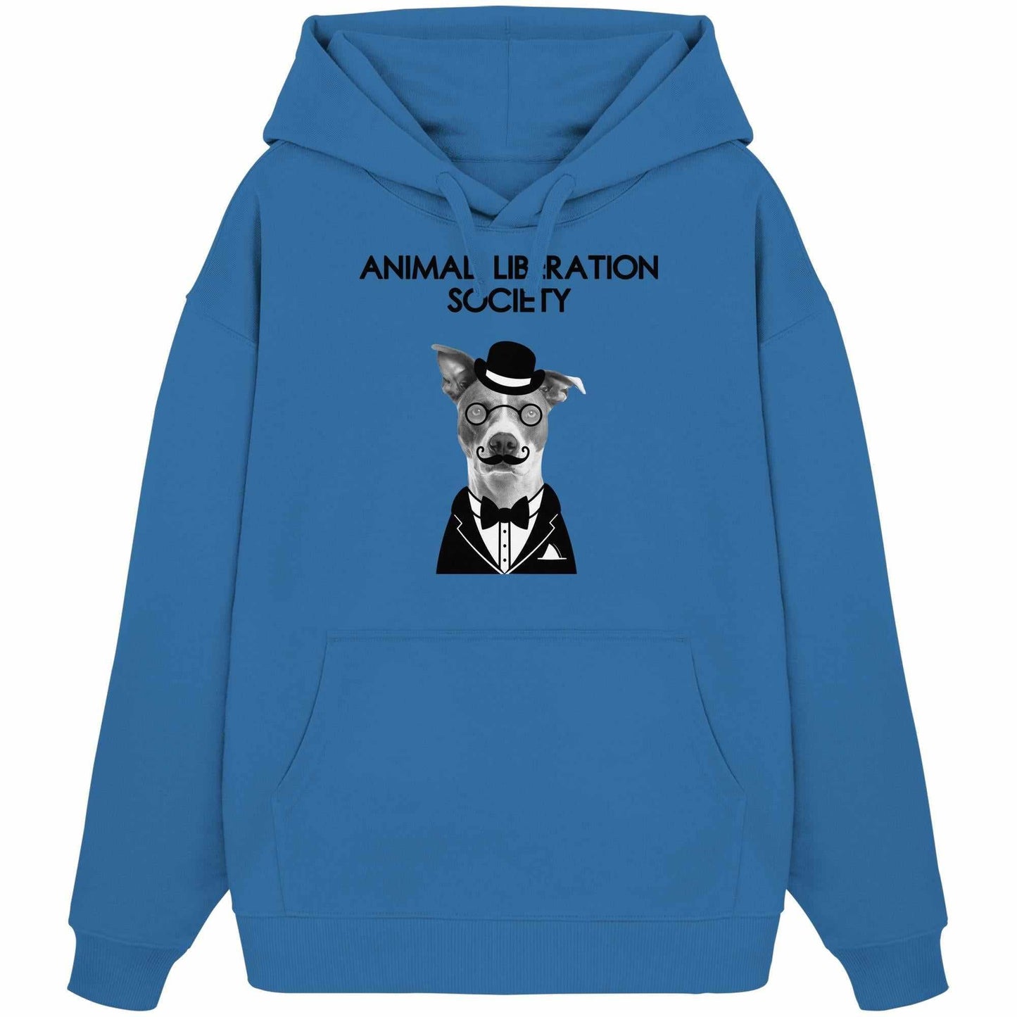 Vegan und Bio Oversized Hoodie: Mr. Dog - Animal Liberation Society mit Hunde-Design, aus 100% Bio-Baumwolle, Kängurutasche, Kapuze und flachen Kordeln.