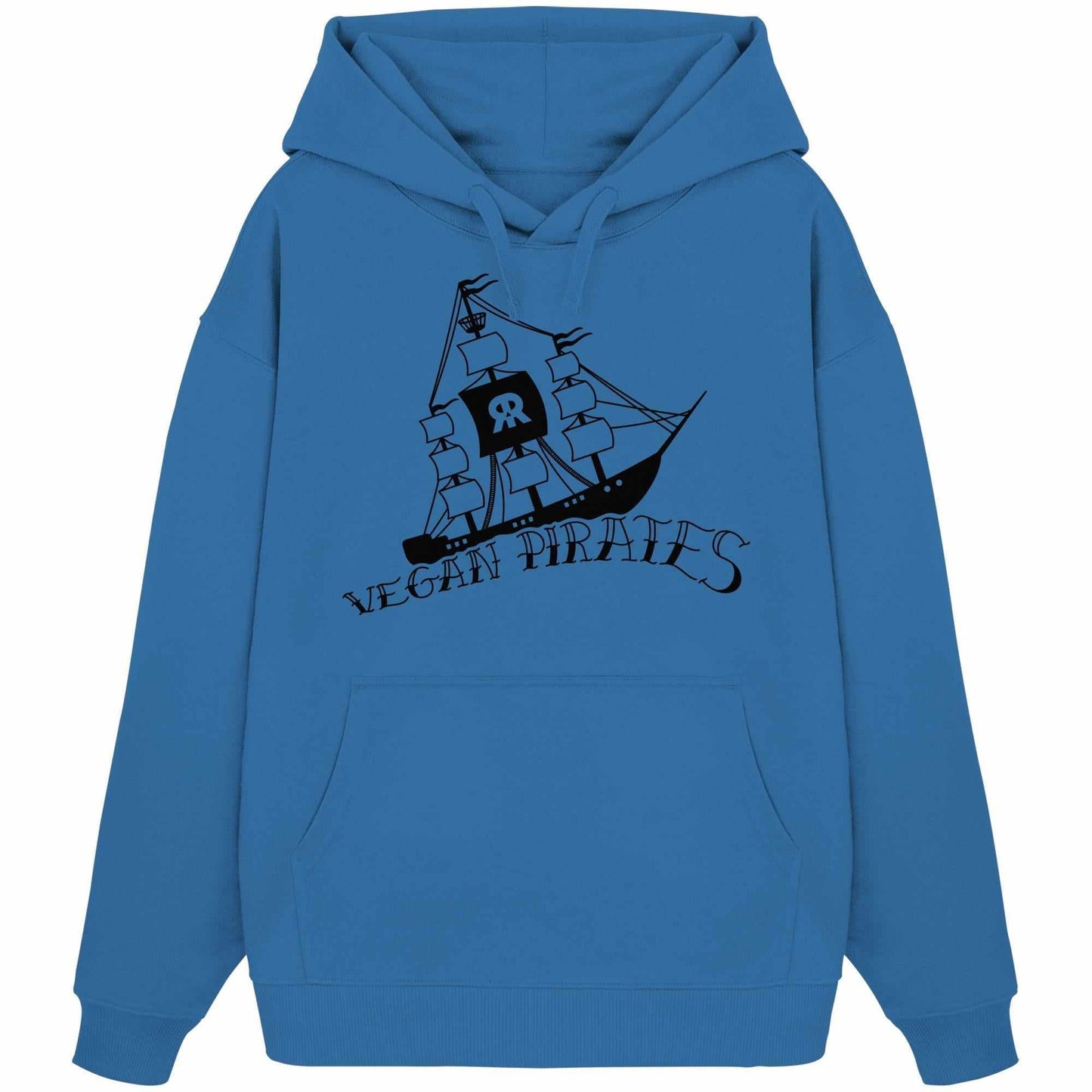 Vegan und Bio Oversized Hoodie: Vegan Pirates mit Piratenschiff-Design, Kapuze und Kängurutasche, aus 100% Bio-Baumwolle.