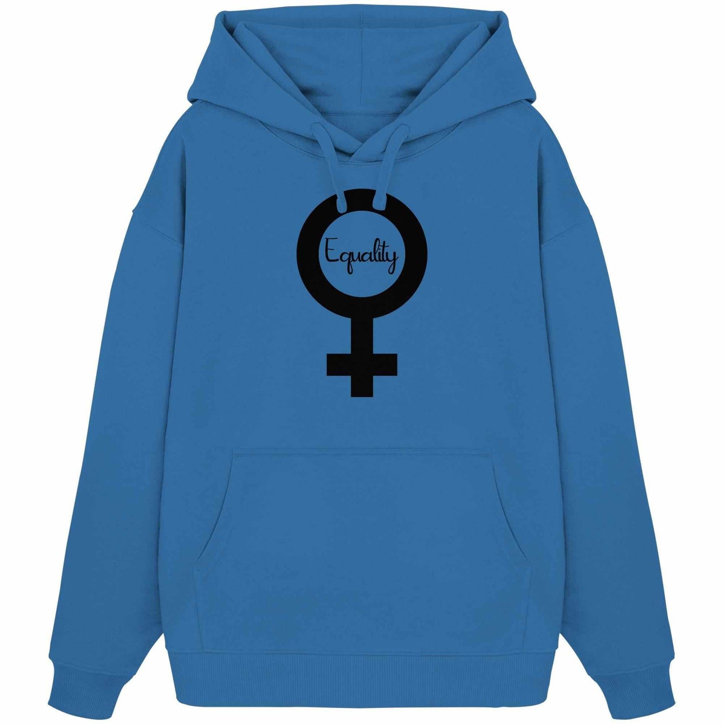 Vegan und Bio Oversized Hoodie mit Feminismus-Symbol, Blaue Kapuze, Kängurutasche, 100% Bio-Baumwolle, rebellisches Design von RUDE REBEL.