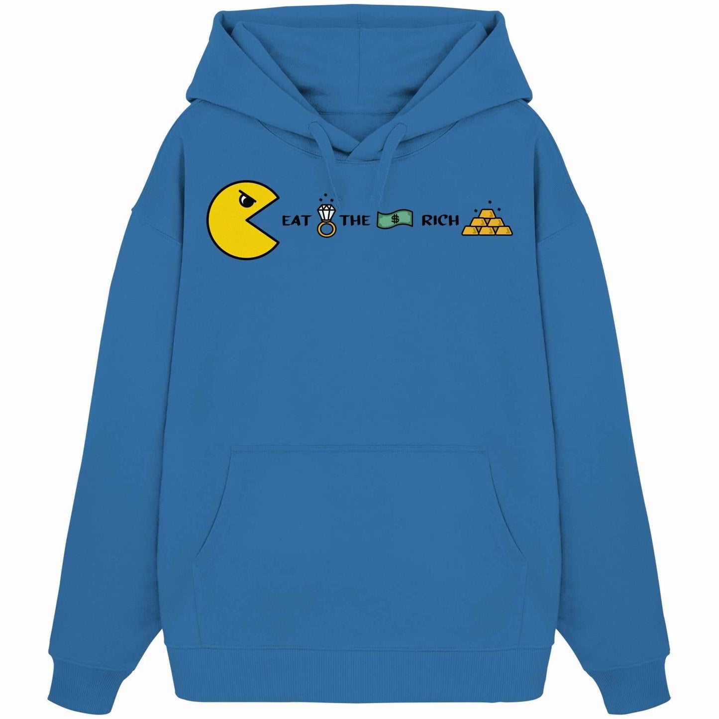 Vegan und Bio Oversized Hoodie: PAC-MAN - Eat the rich, blauer Hoodie mit gelbem Pac-Man und goldenen Pyramiden, aus 100% Bio-Baumwolle, Kängurutasche, rebellisches Design.