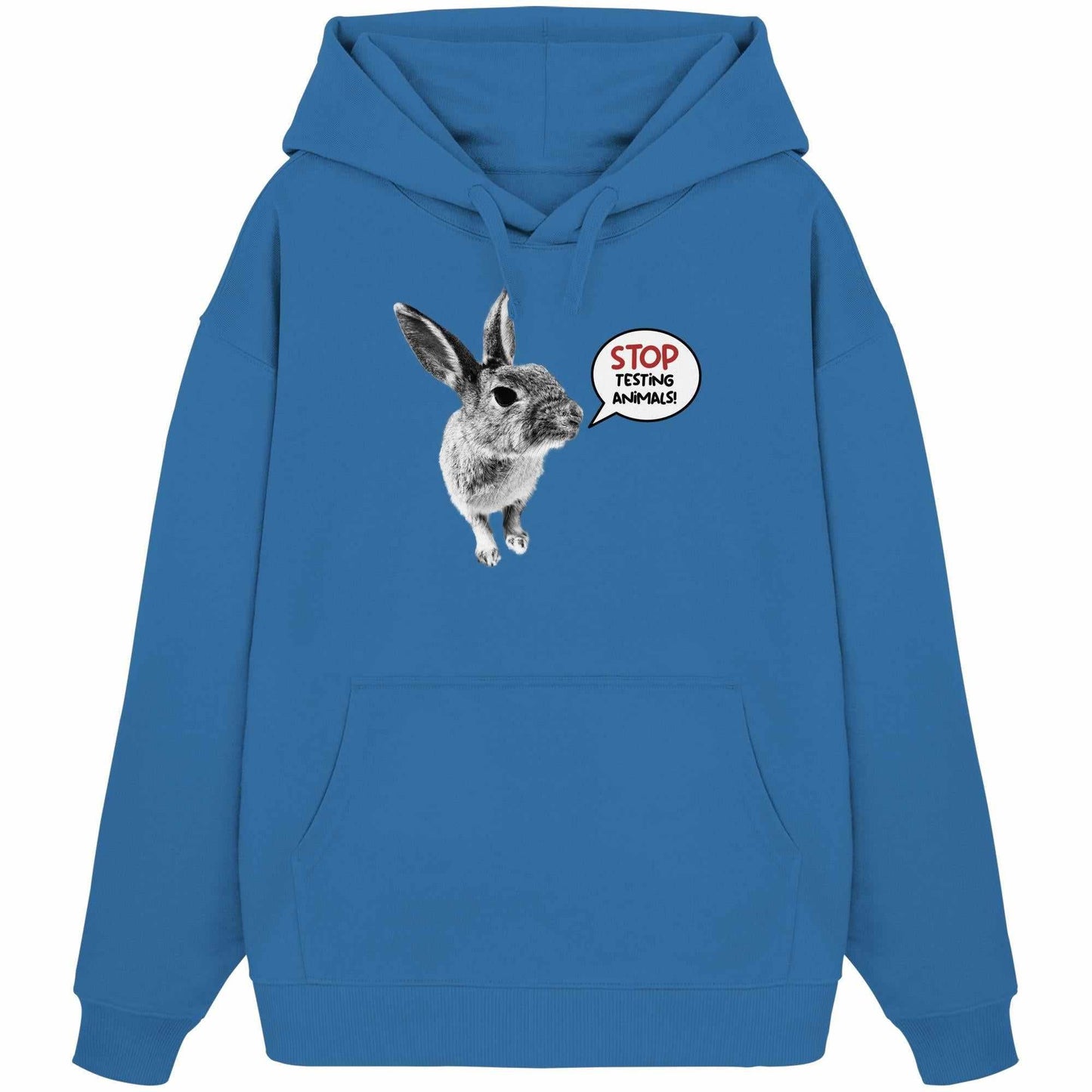 Vegan und Bio Oversized Hoodie mit niedlichem Häschen und Botschaft Stop Testing Animals!, gefertigt aus 100% Bio-Baumwolle, mit Kängurutasche und Kapuze.