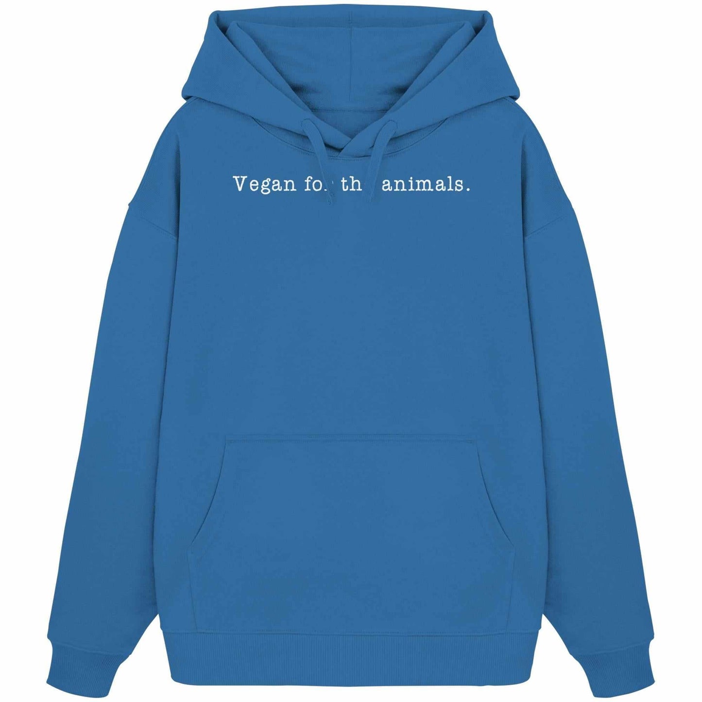 Vegan und Bio Oversized Hoodie mit Kapuze, weißem Text und Kängurutasche, aus 100% Bio-Baumwolle, designt für Tier- und Umweltschutz.